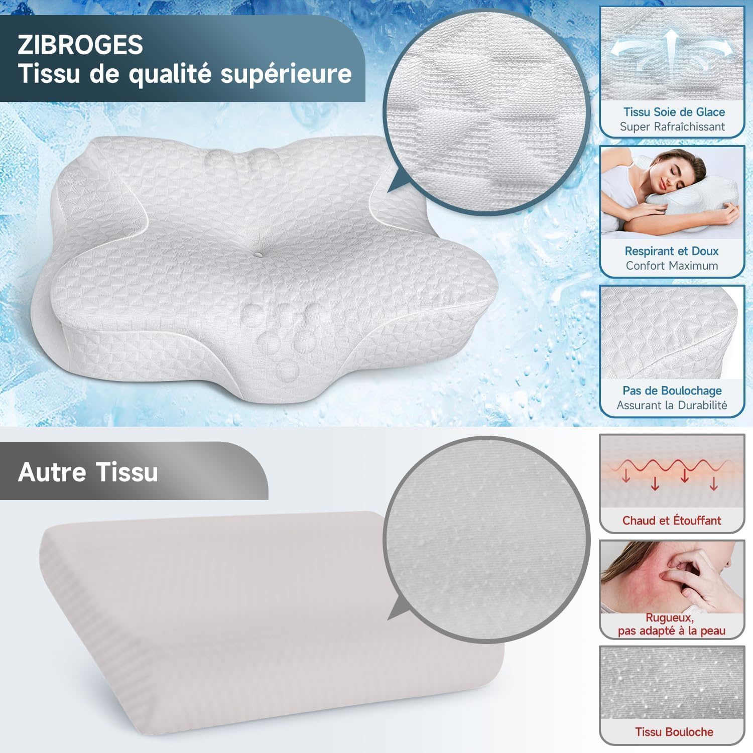 Zibroges-Oreiller-Taie-Lavable-Hyppoallergénique-Sommeil-Réparateur