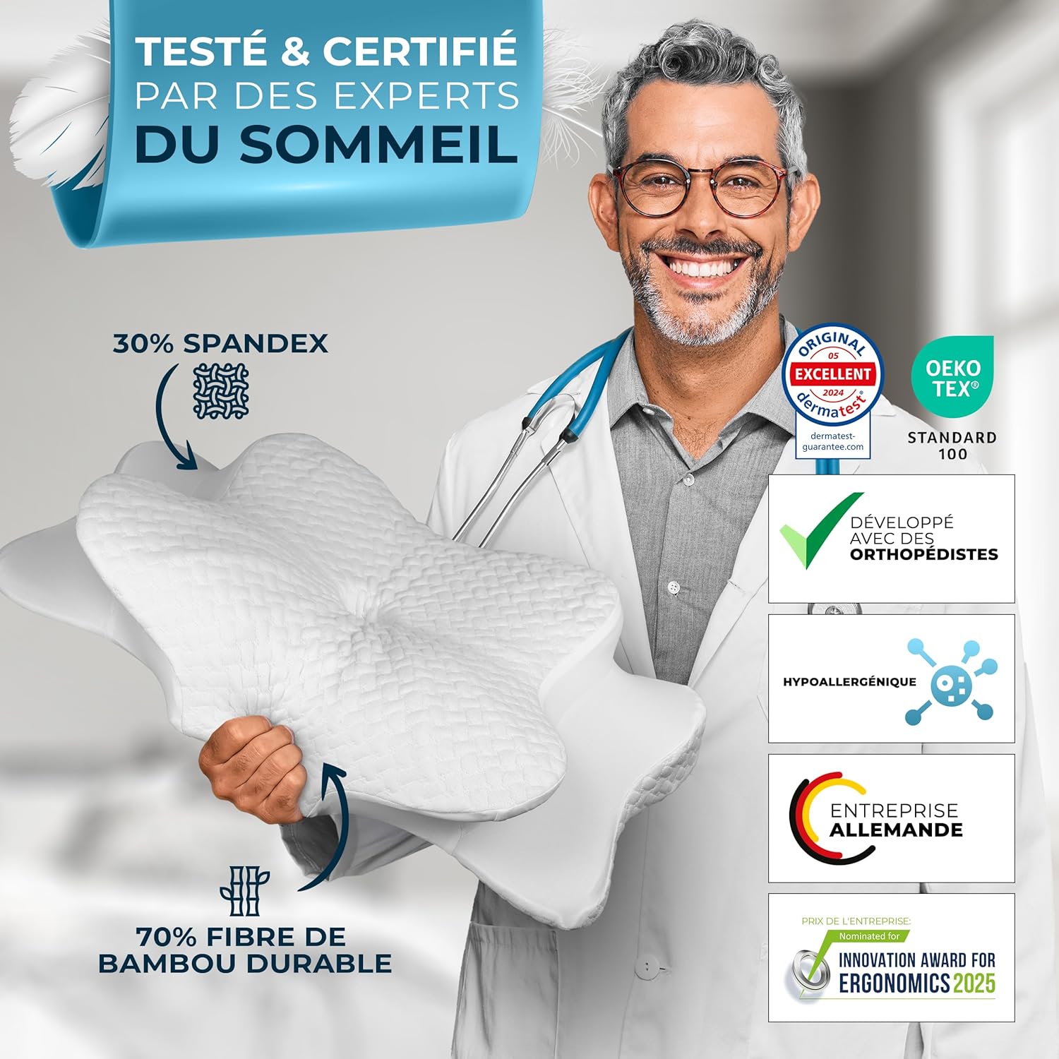 Oreiller Ergonomique Mémoire De Forme Anti-ronflement - Pour Dormeurs Sur Le Côté, Dos Ou Ventre (blanc) - 2