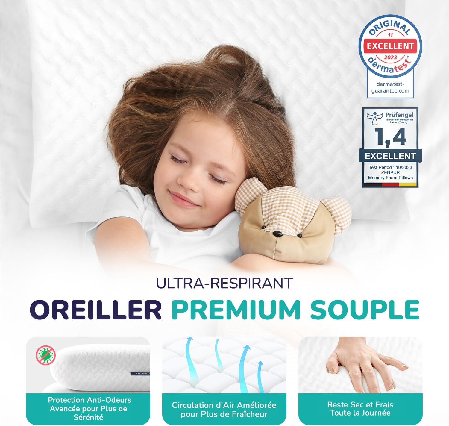 zenpur-lot-de-2-oreillers-ergonomiques-avec-housse-bambou-40-x-60-x-13-cm