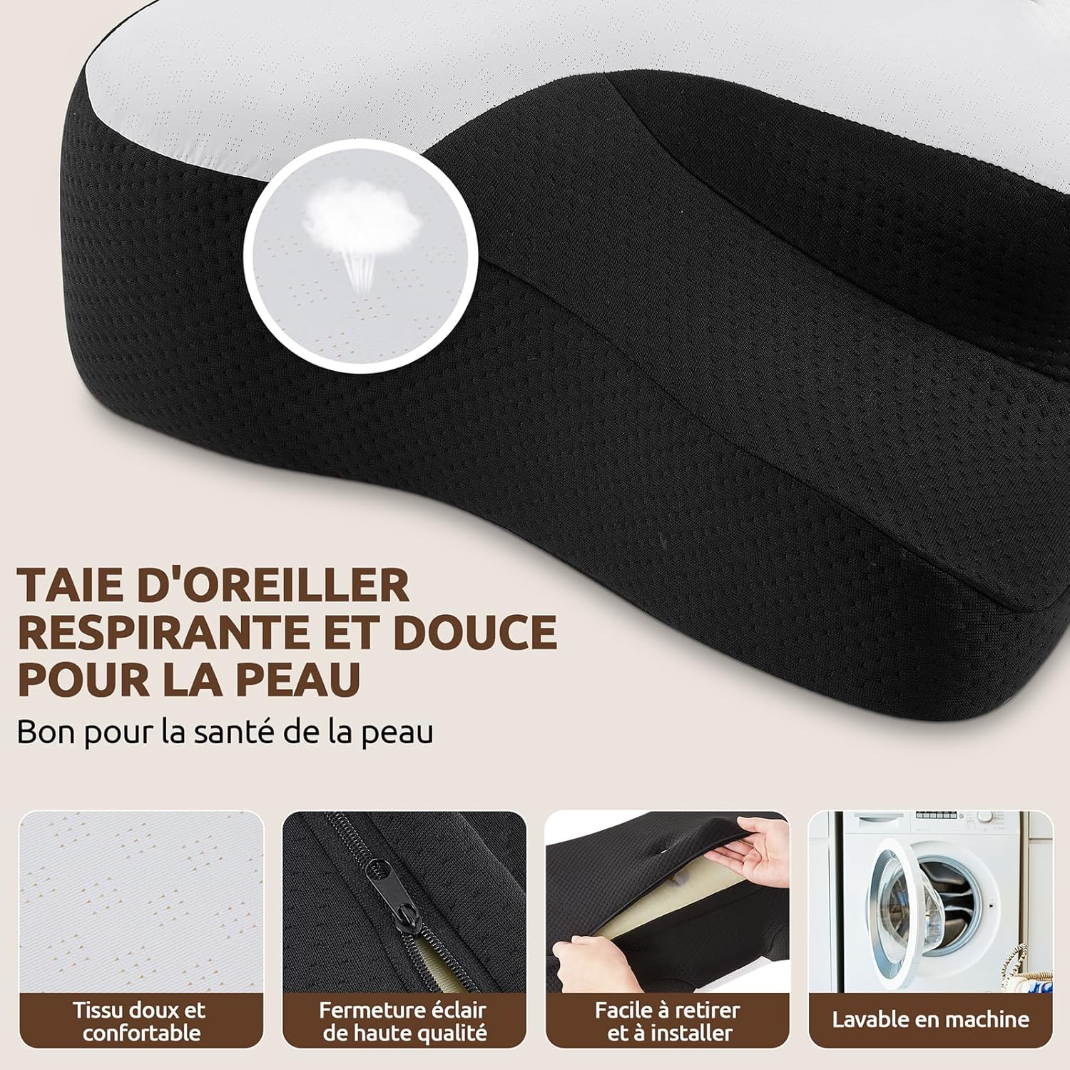 oreiller-ergonomique-donama-cervical-doublure-amovible-noir-blanc-66x37x13-cm