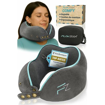 FLOWZOOM Comfy Coussin de Voyage en Mousse à Mémoire de Forme pour Avion et Voiture – Oreiller pour Avion Réglable, Soutien à