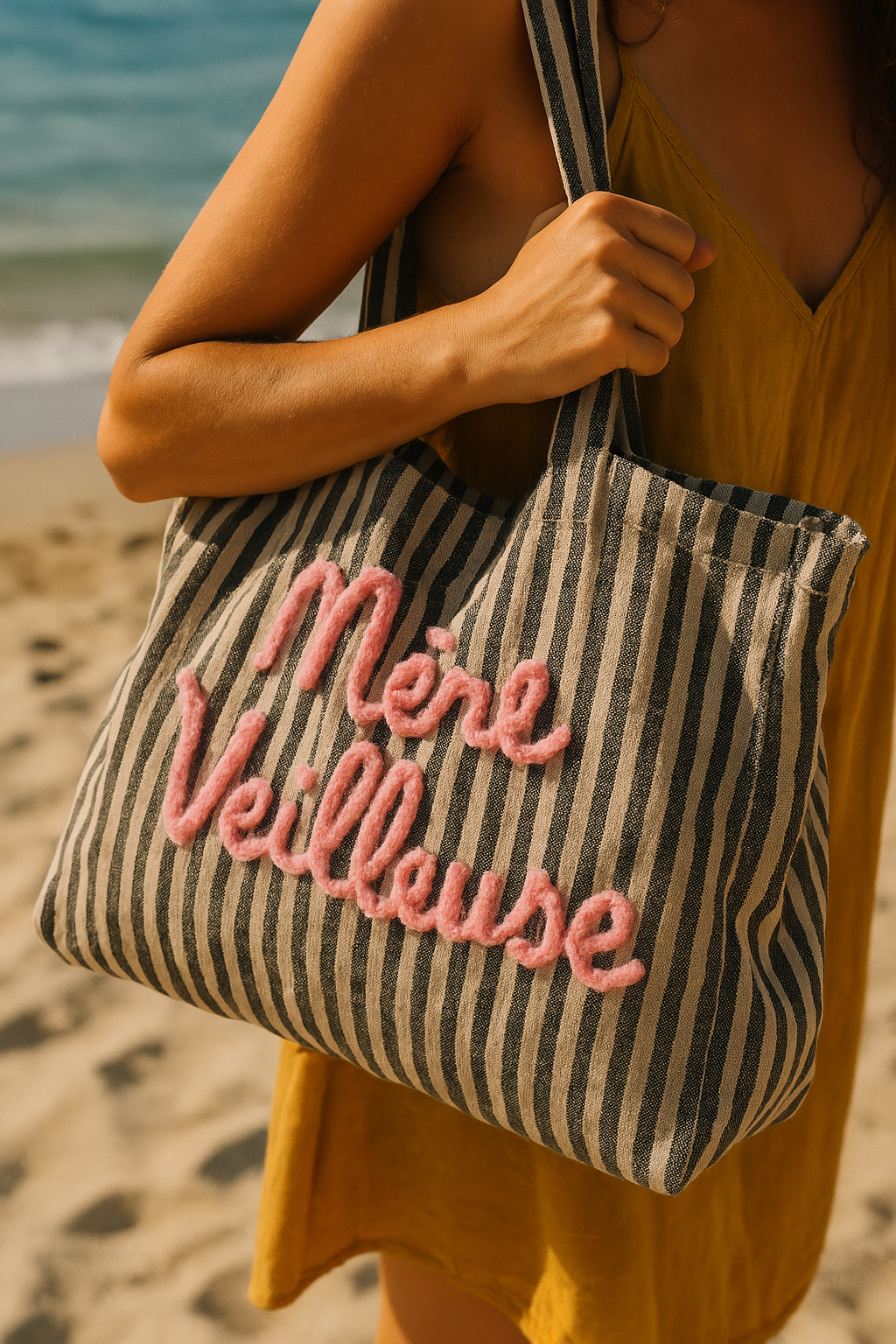 sac cabas bord de mer inscription rose mère veilleuse