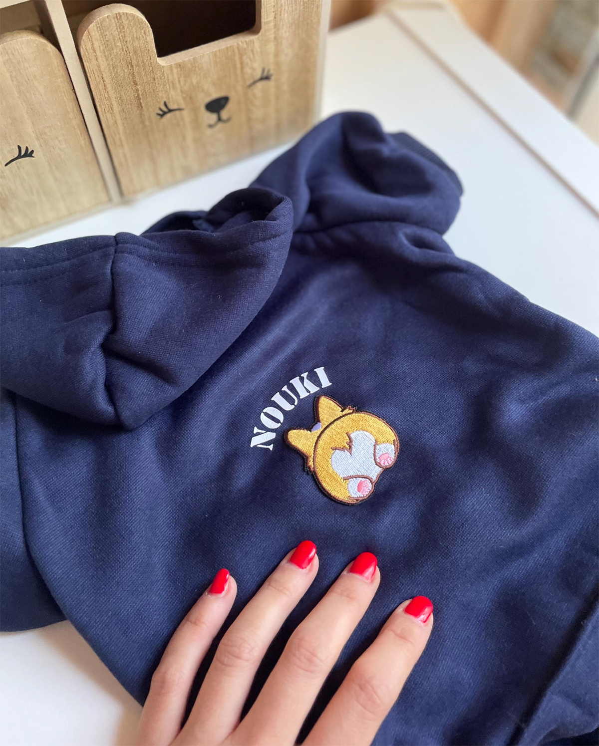 pull capuche marine pour chien avec prénom