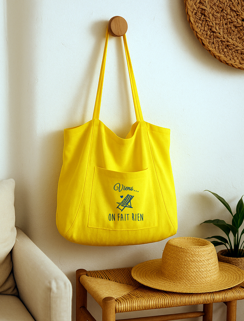cabas-plage-jaune-texte-personnalisé-marine-viens-on-fait-rien