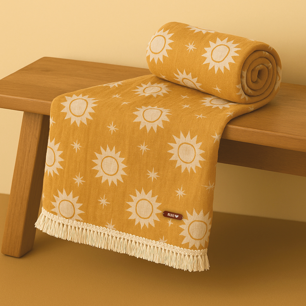 serviette-legere-plage-soleil-moutarde-franges-boheme-personnalise