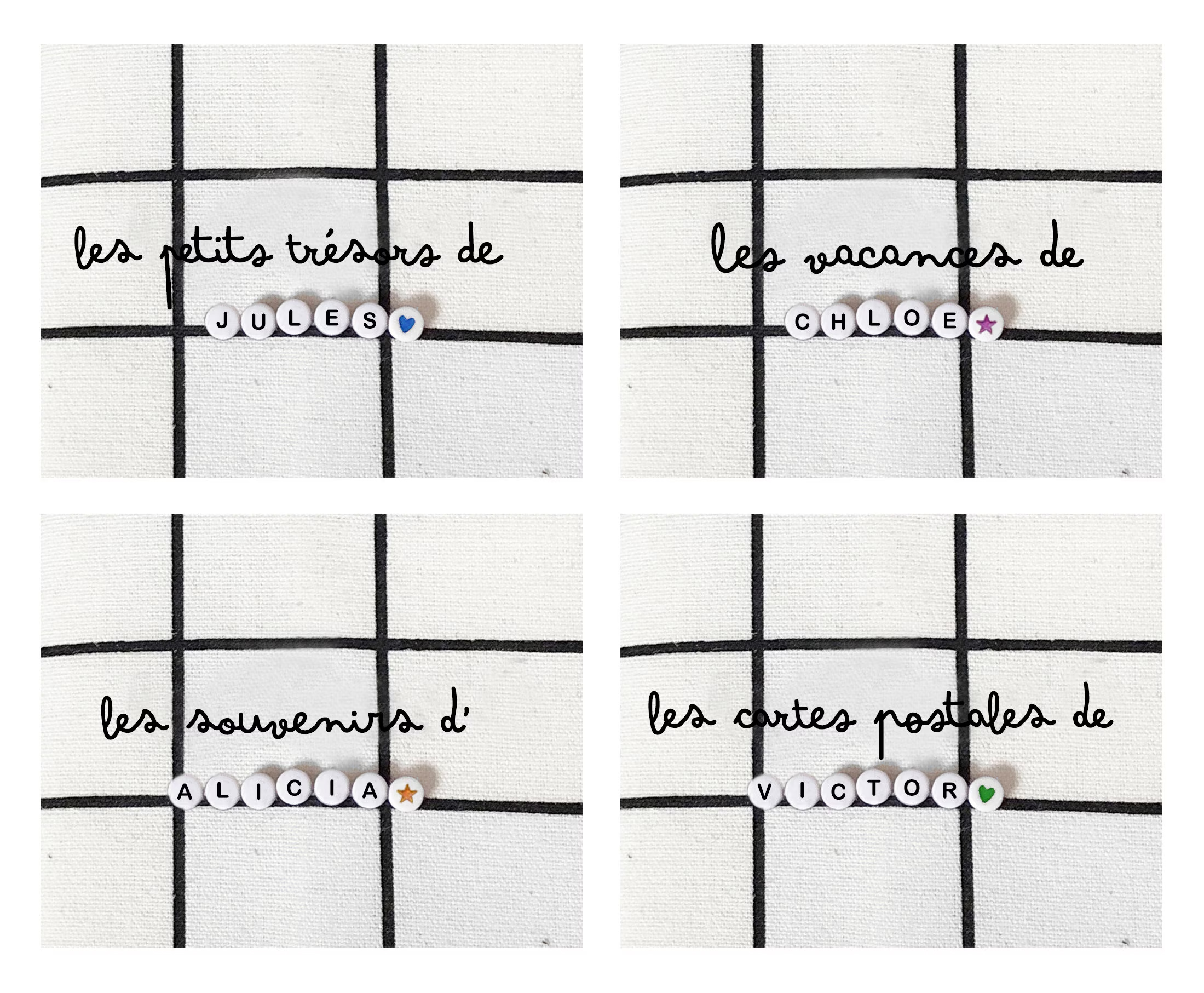 exemples personnalisations texte et prénom avec perles coeur et étoiles