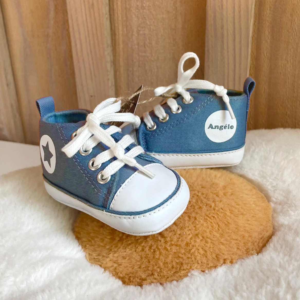 baskets toile bleu jean bébé personnalisées prénom