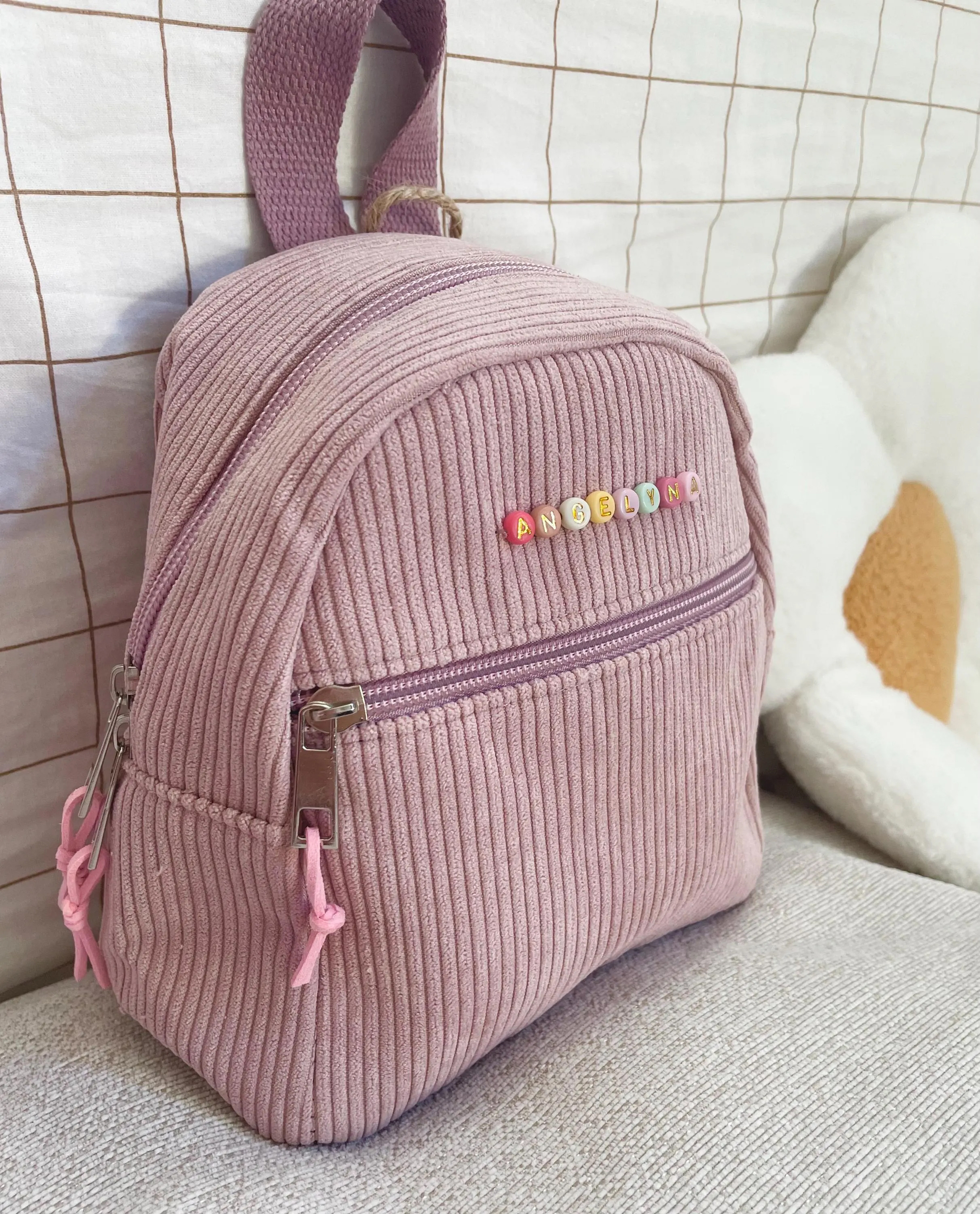 sac à dos rose poudré perles prénom fille