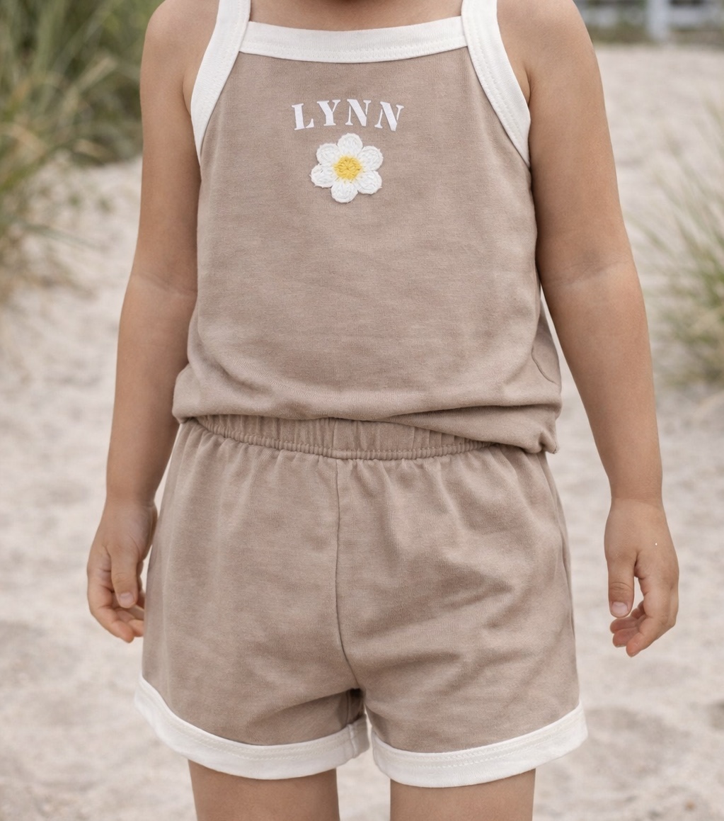 ensemble-coton-enfant-ete-taupe-fleur-prenom-personnalise