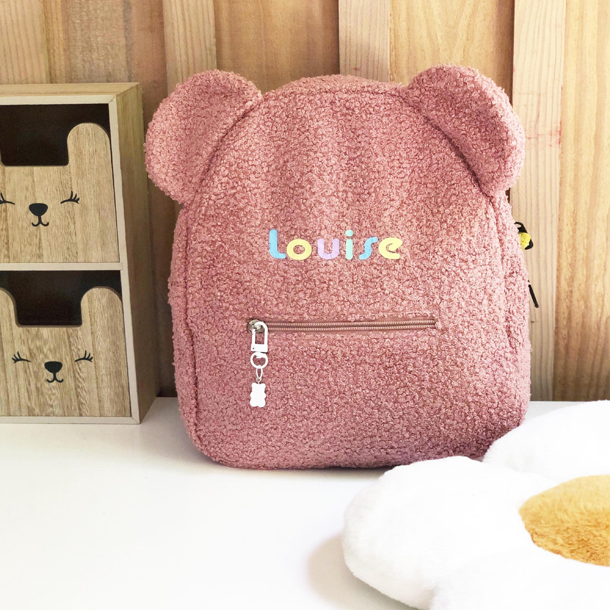 sac ourson enfant unisexe à oreilles avec prénom style rétro