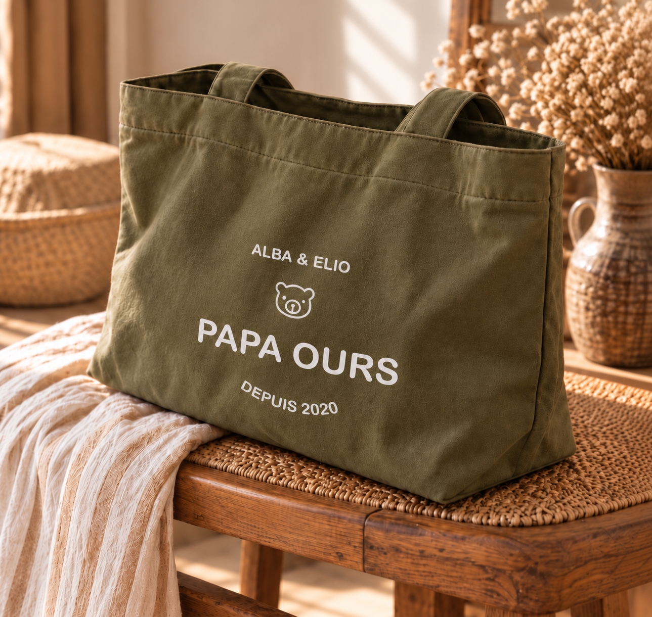 sac-cabas-kaki-personnalise-papa-ours-prenoms-enfants