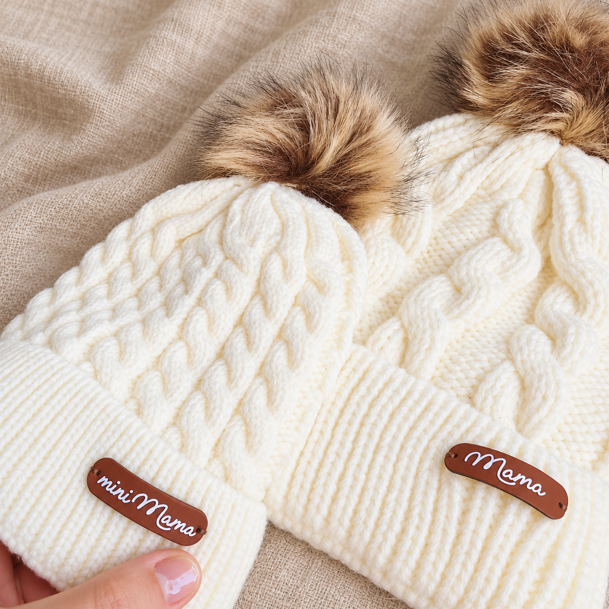 bonnet lainage torsades blanc avec pompon fausse fourrure