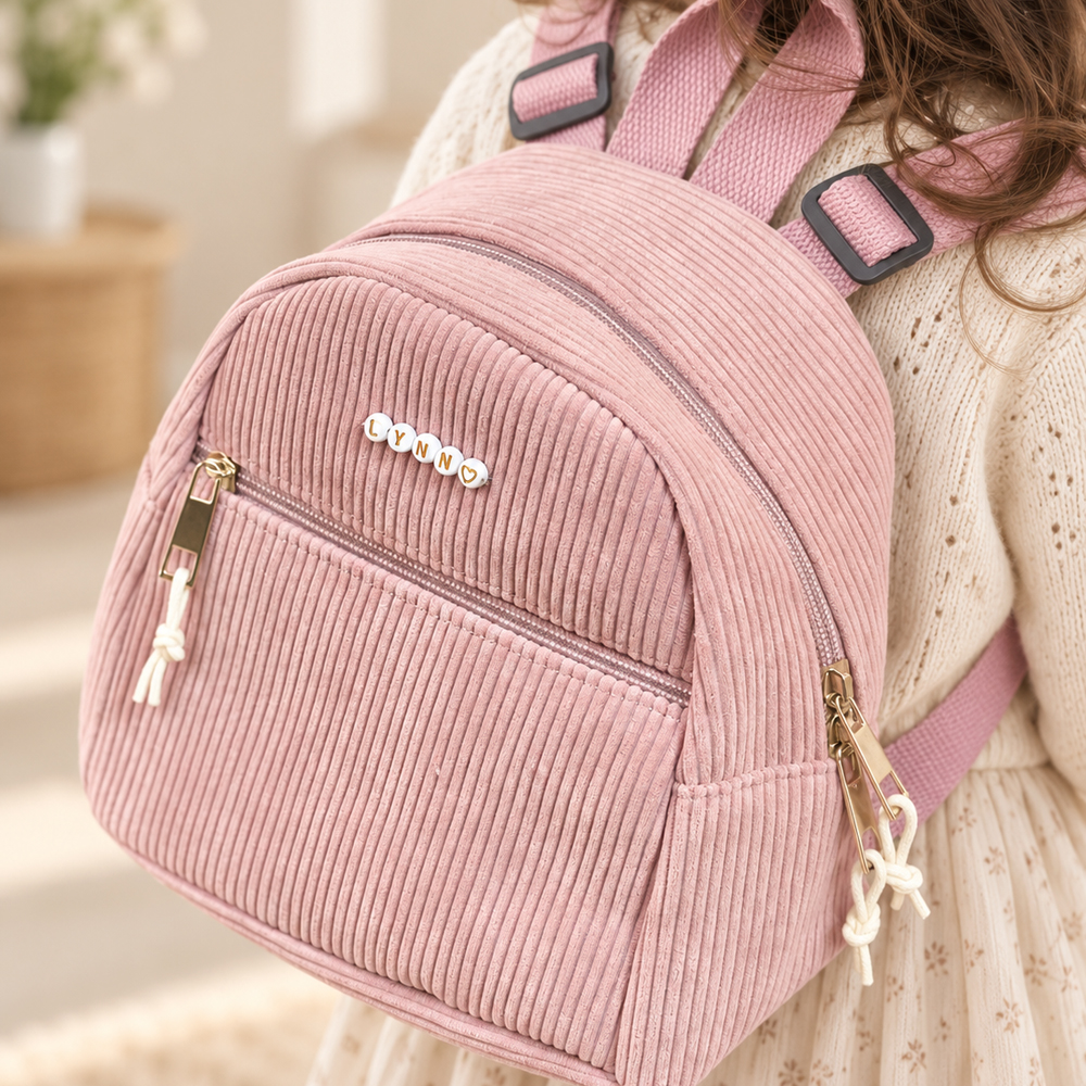 cartable rose pour fille en velours liens blanc perles dorées prénom