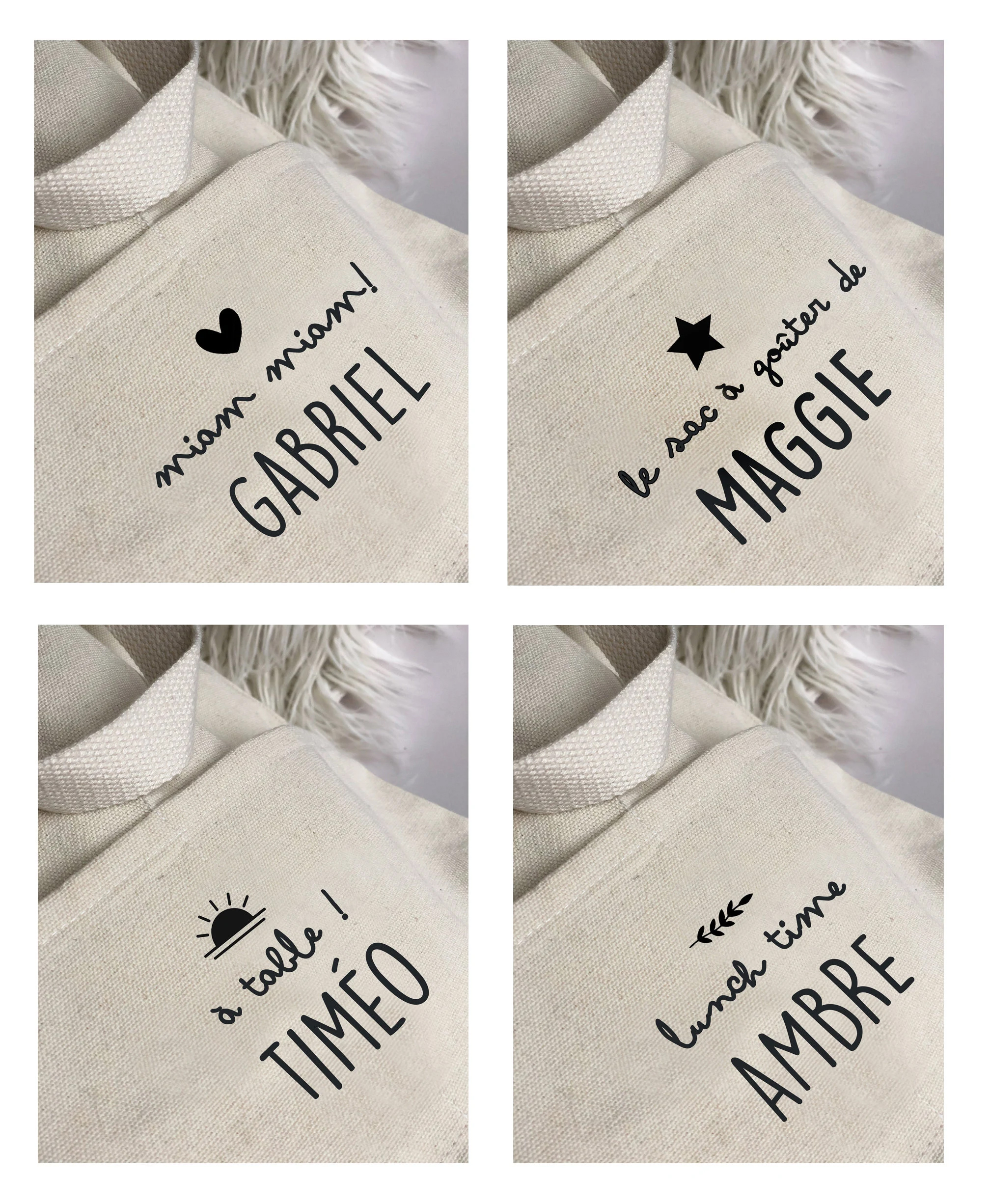 sac repas liens coulissant toile beige texte noir