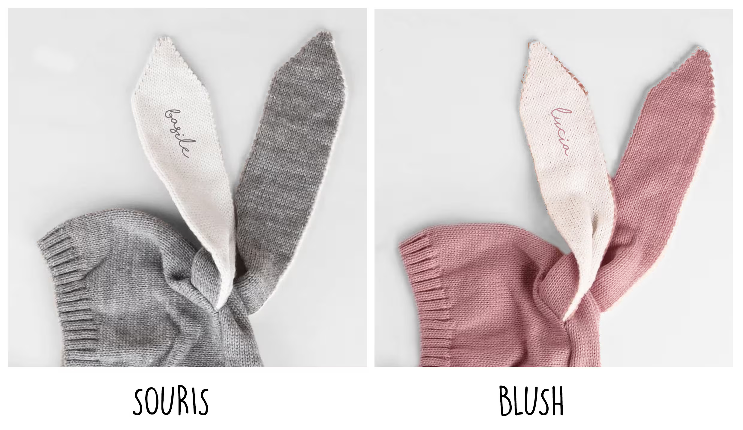 bonnet gris ou rose oreilles lapin prénom