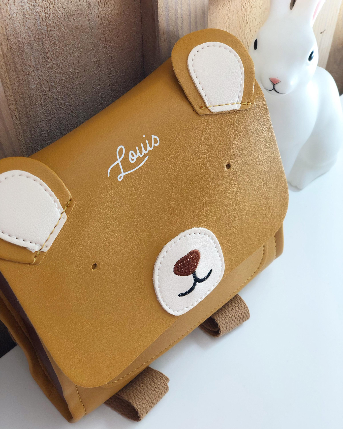 cartable moutarde nounours prénom blanc