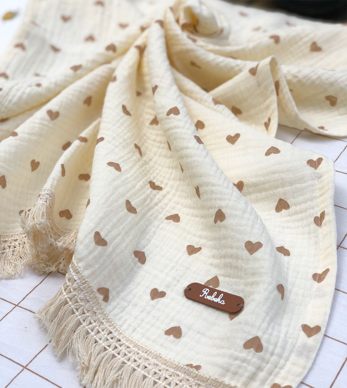 serviette double gaze a frange texte simili cuir
