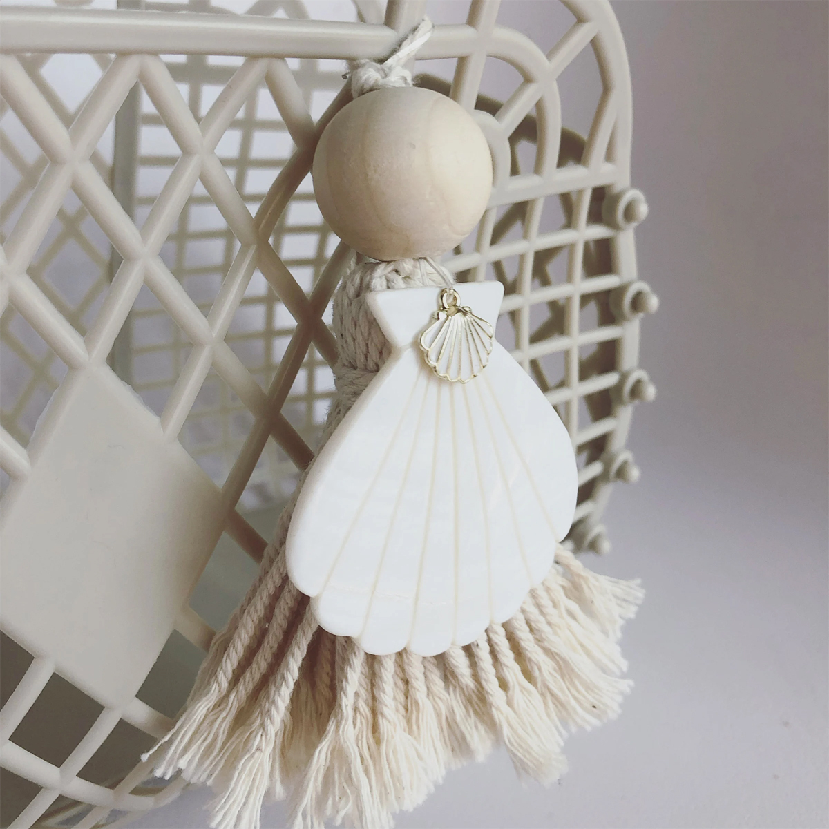 sac a main panier coquillage pompon macrame perle bois