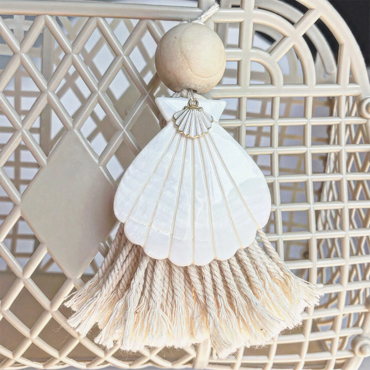 charm de sac coquillage pompon macramé panier enfant