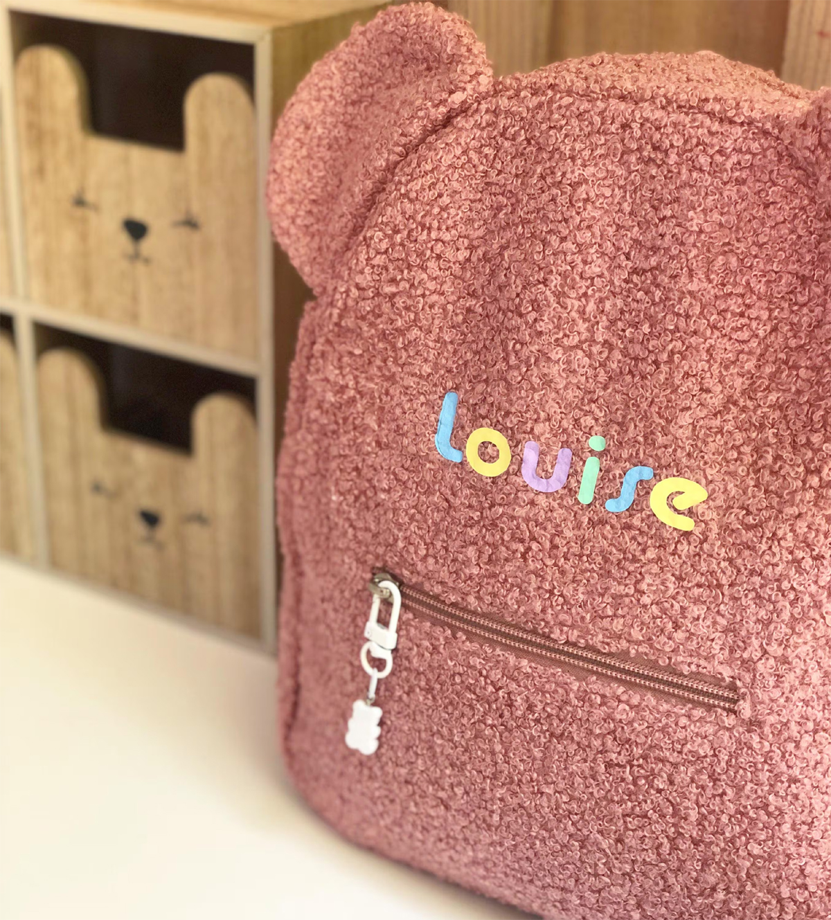 sac à dos bouclette rose prénom multicolore