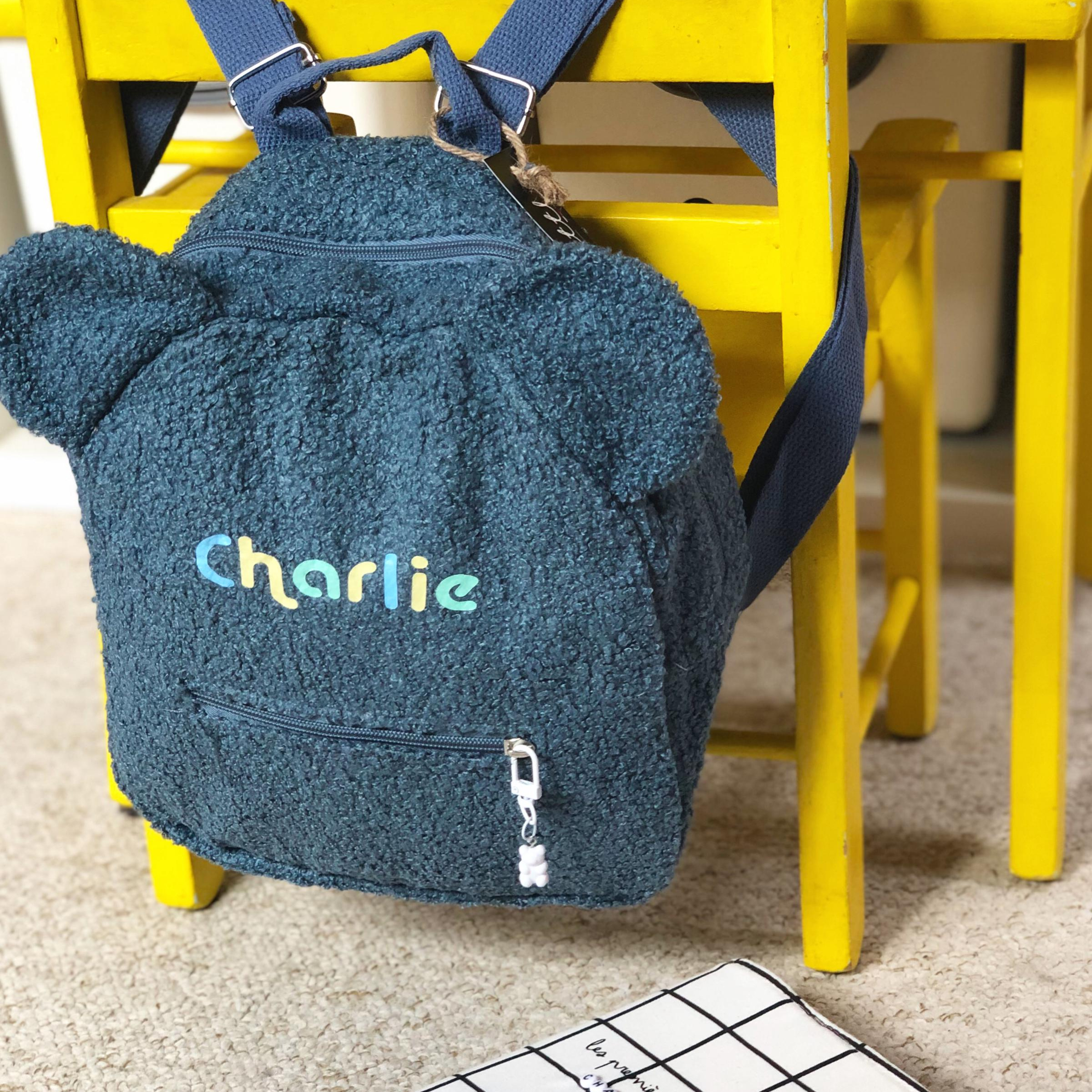 cartable écolier oreilles ours avec prénom coloré et charm nounours