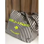 sac shopping rayé avec inscription jaune fluo