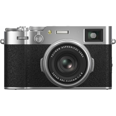Fujifilm X100VI Argent vu de face, appareil photo compact expert au design rétro avec objectif 23mm f2
