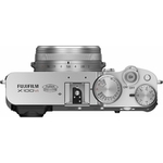 Vue supérieure du Fujifilm X100VI Argent – molettes de vitesse, compensation d’exposition et déclencheur fileté rétro