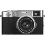 Fujifilm X100VI Argent vu de face, appareil photo compact expert au design rétro avec objectif 23mm f2