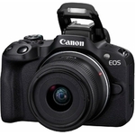appareil photo hybride Canon EOS R50 noir avec objectif RF‑S 18‑45mm f4.5‑6.3 IS STM vue de face