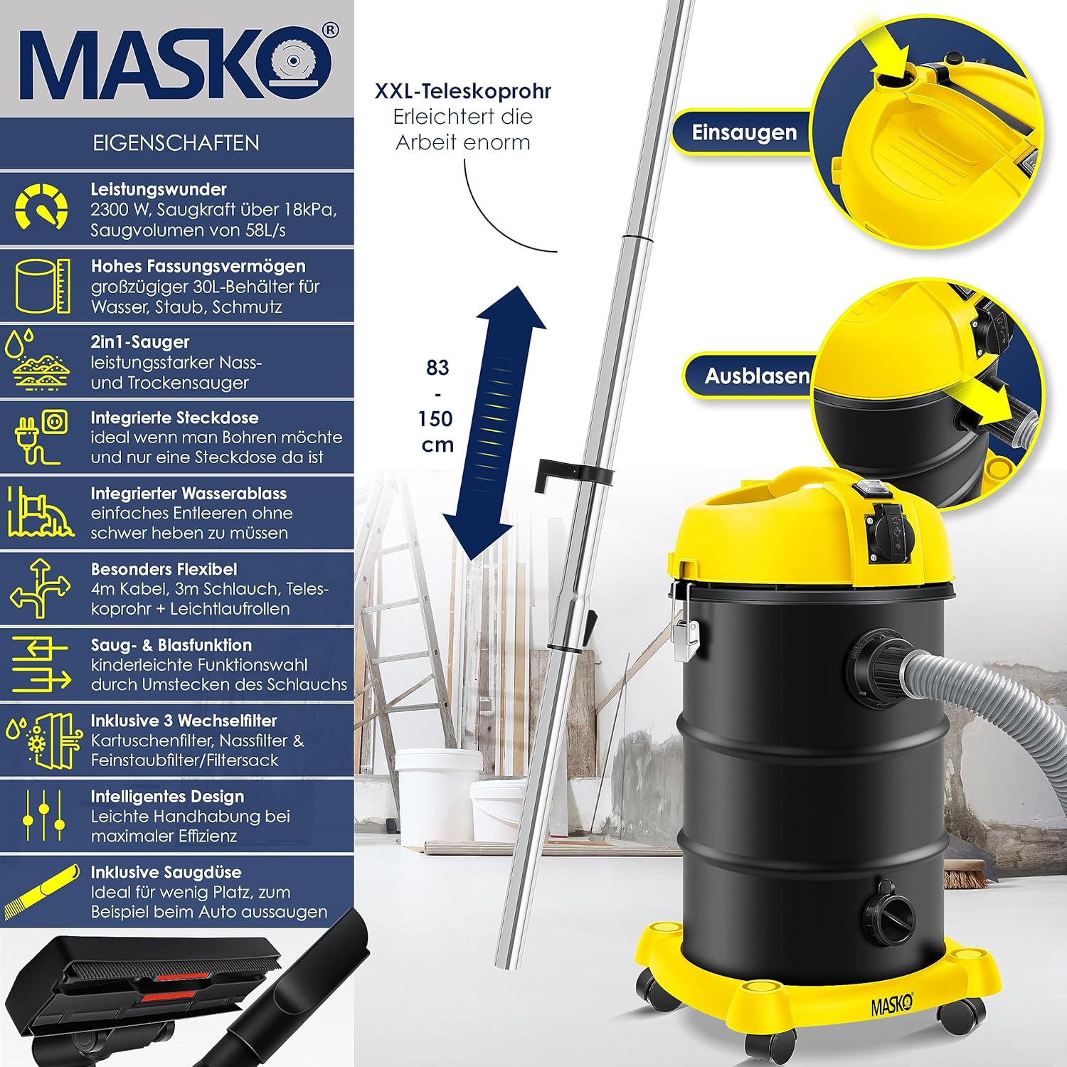 Masko® Aspirateur Industriel 6IN1 Aspirateur Eau et poussière