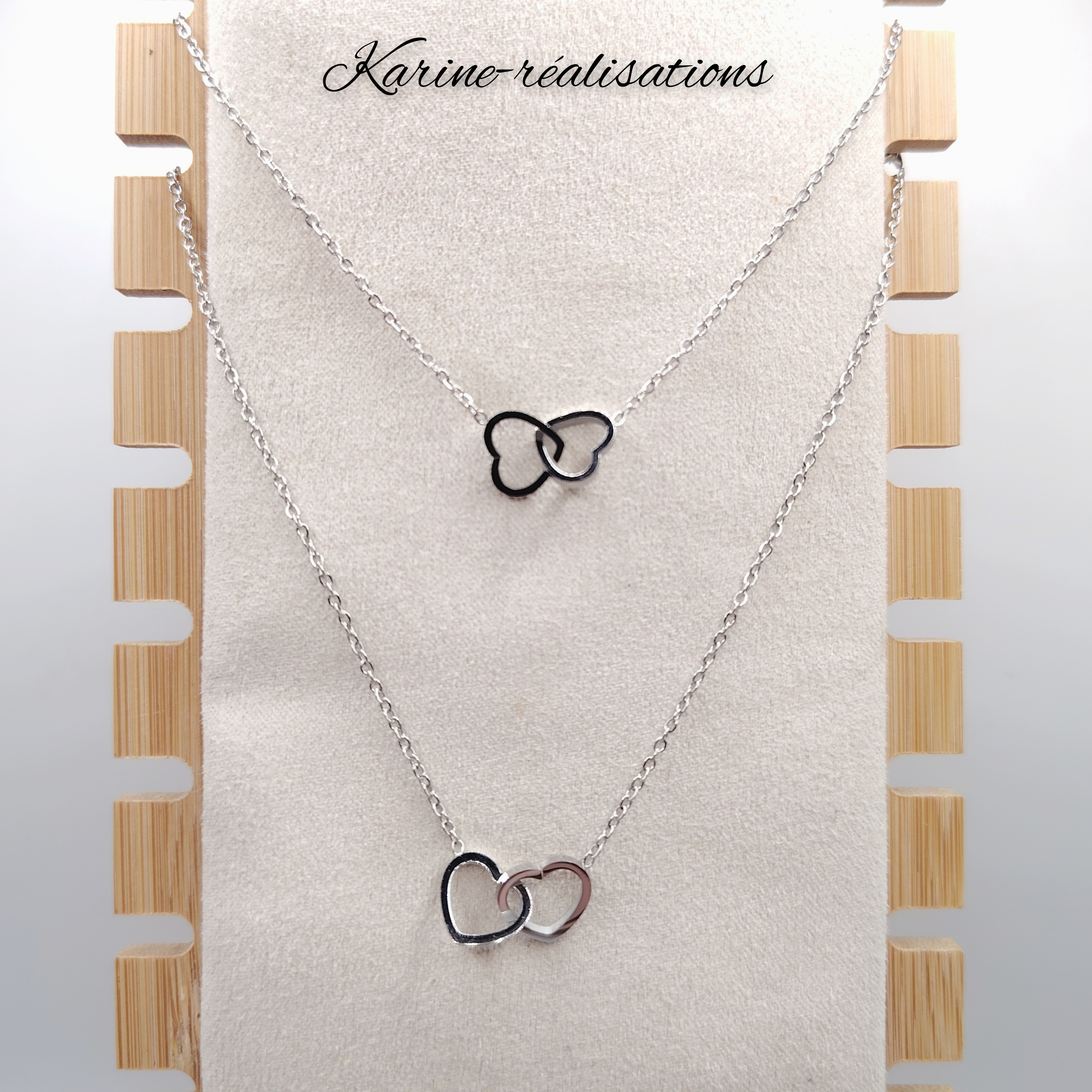 parure-collier-bracelet-acier-inoxydable-316L-argente-coeurs-entrelaces-ajustable