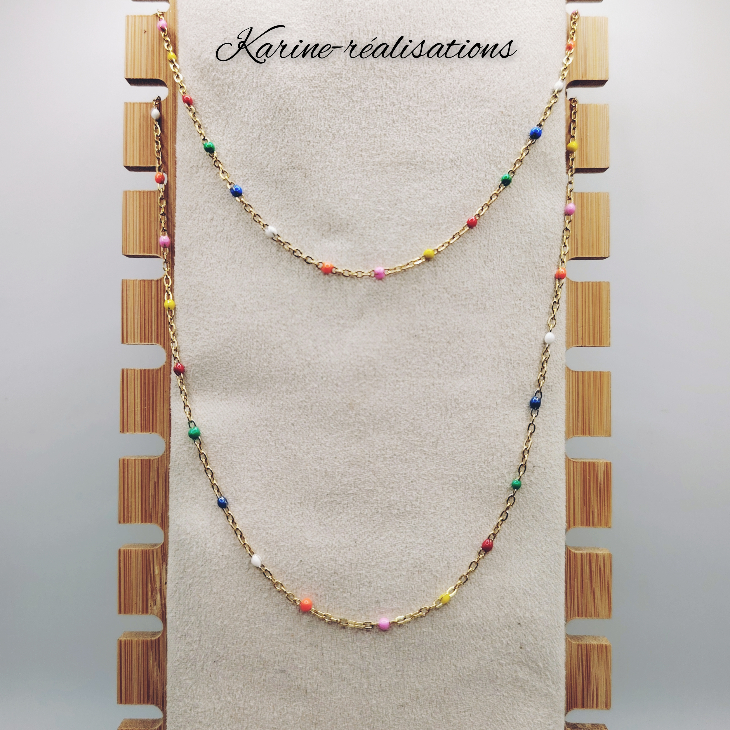 parure-collier-bracelet-acier-inoxydable-316L-plaque-or-18K-perles-resine-colorees