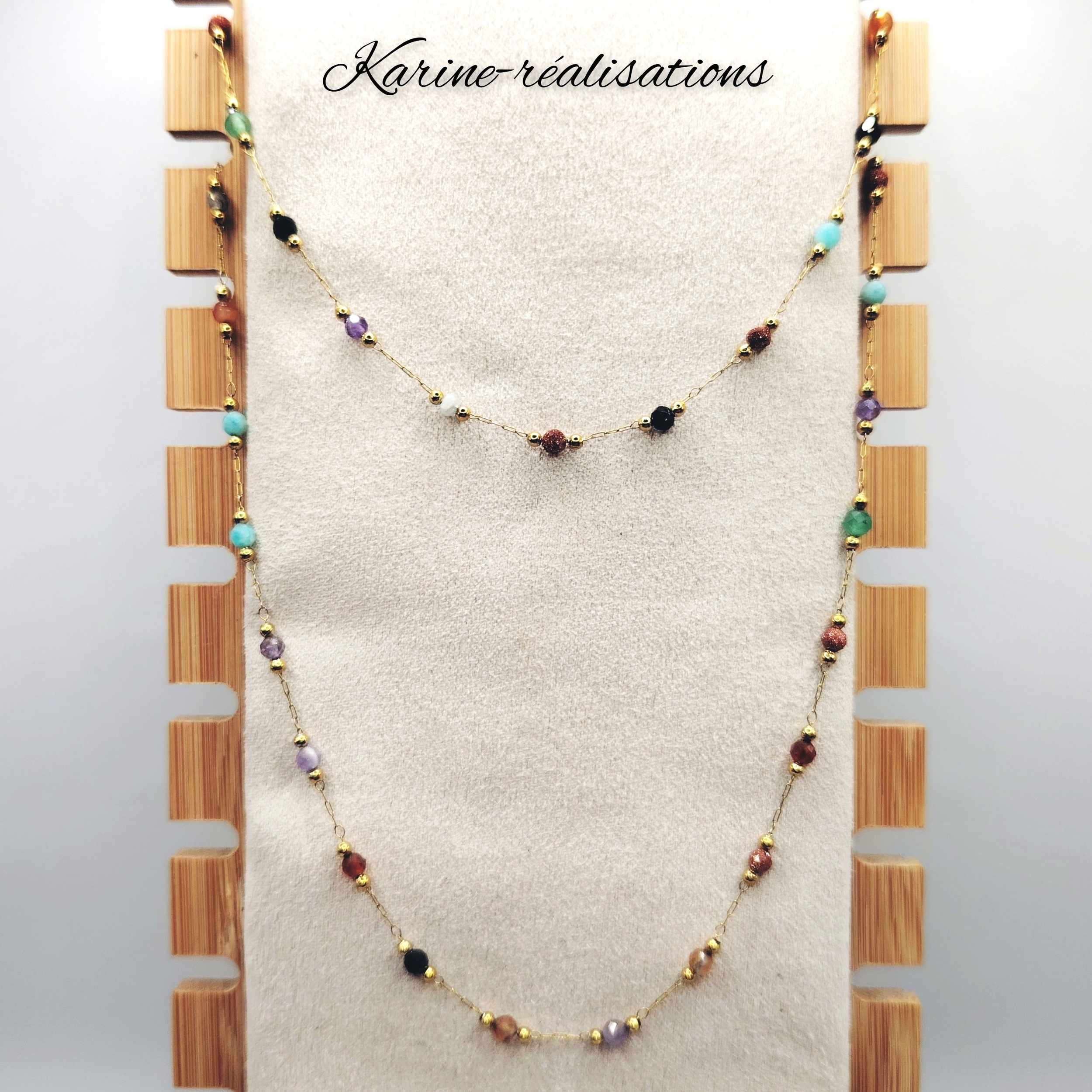 parure-collier-bracelet-acier-inoxydable-316L-plaque-or-18K-perles-verre-multicolores