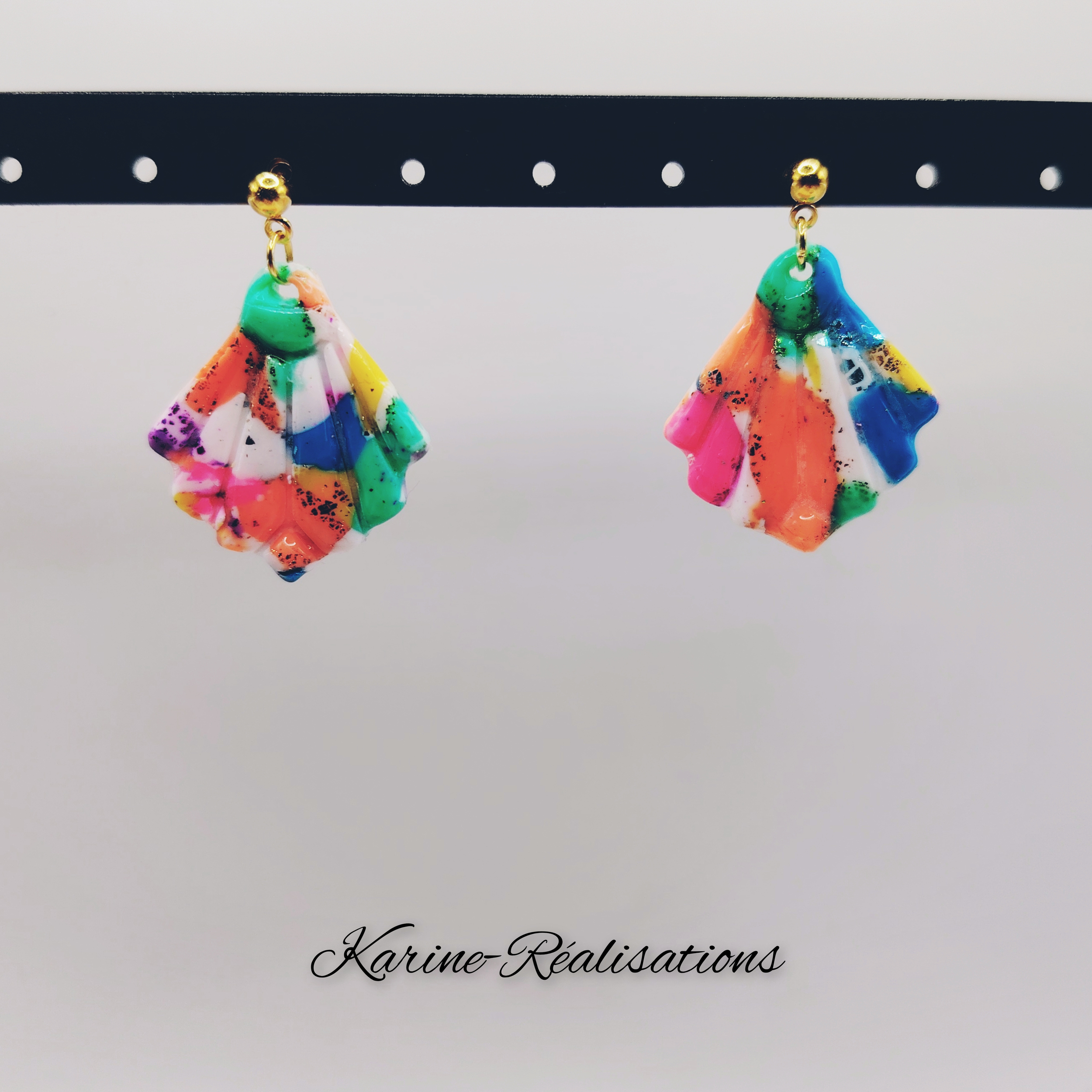 boucles-oreilles-eventails-pate-polymere-resine-multicolore-acier-inoxydable