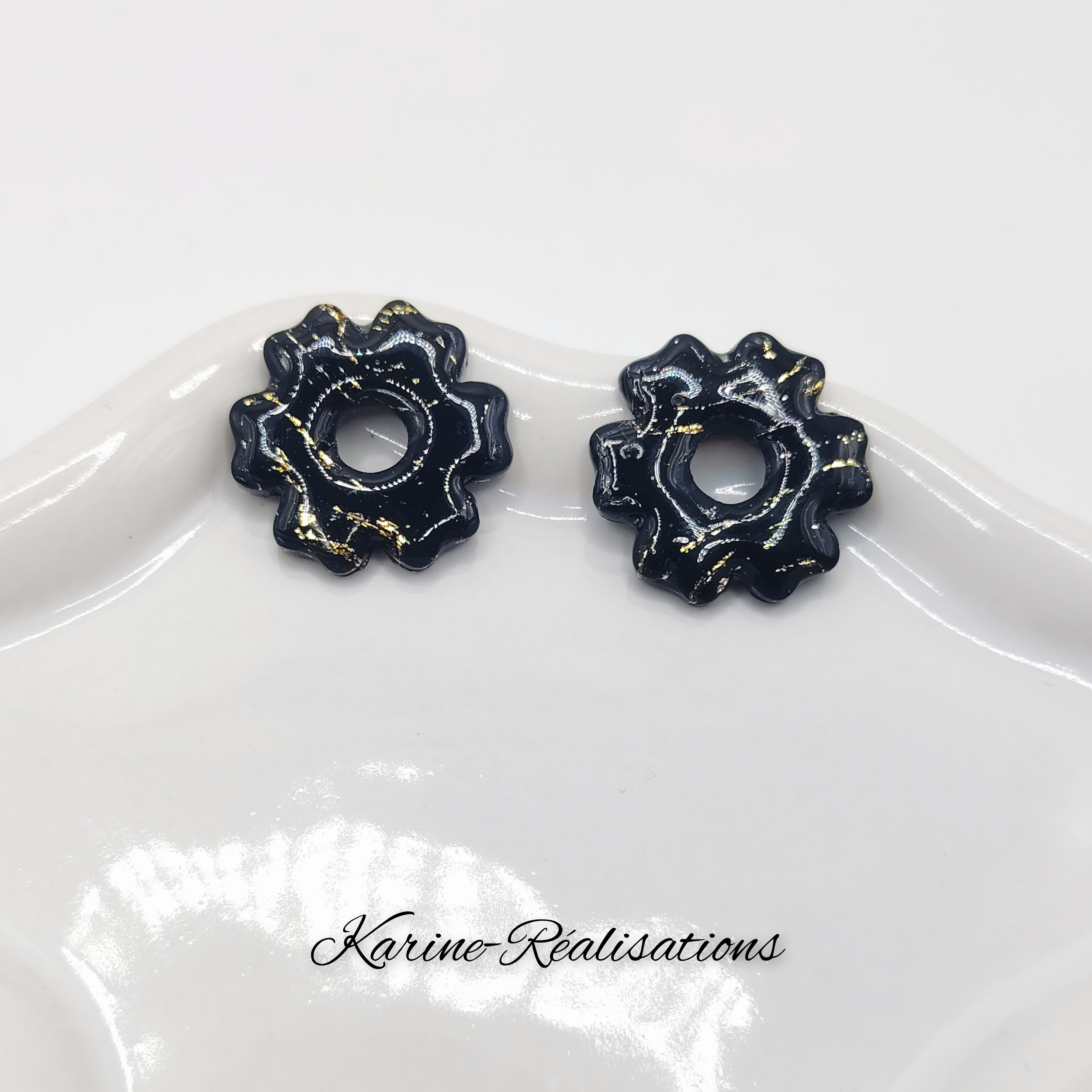 Pampilles Fleurs Géométriques Noir Marbré – Éclats de Feuille dOr