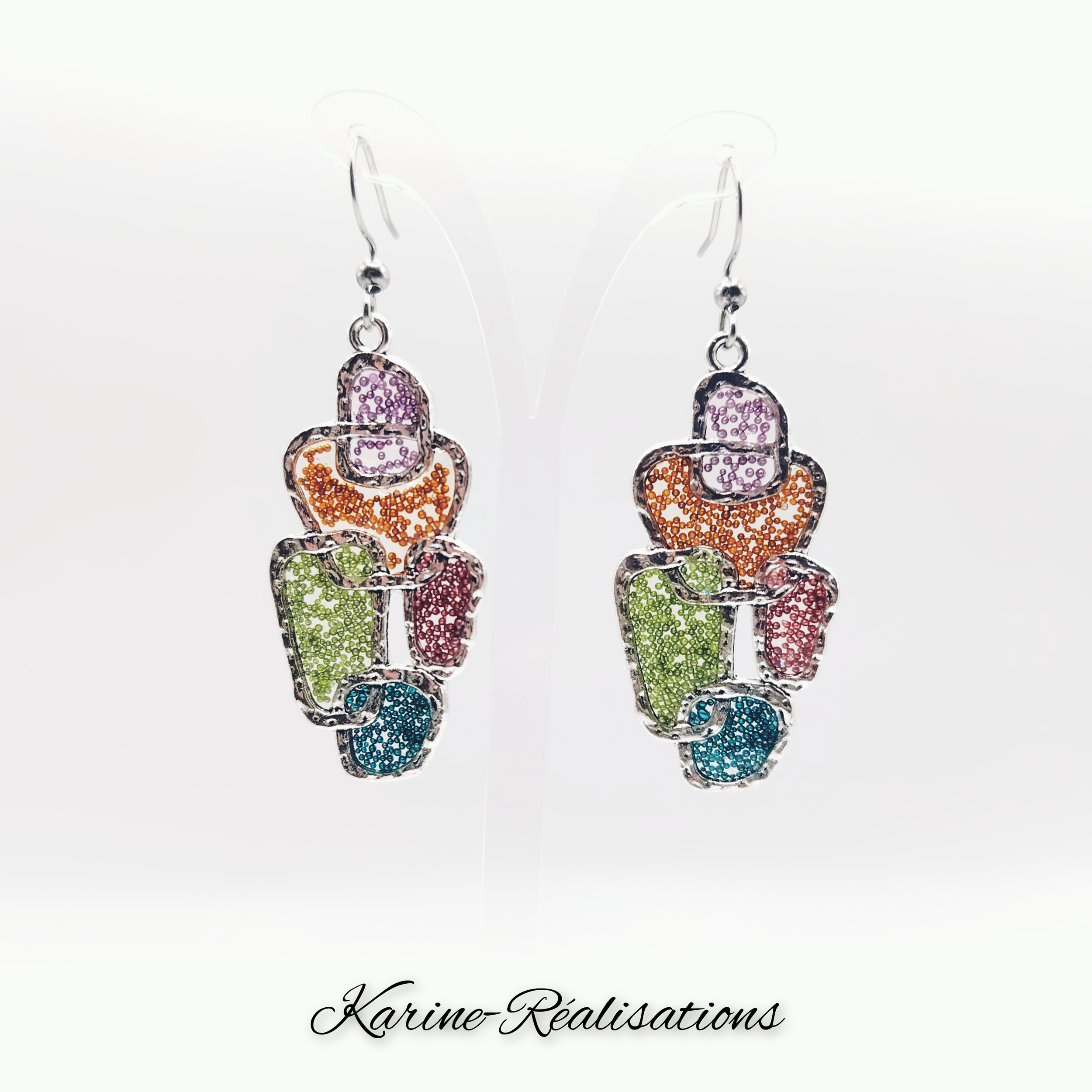 Boucles doreilles pendantes Mosaïque Abstraite - Perles Multicolores et Métal Argenté