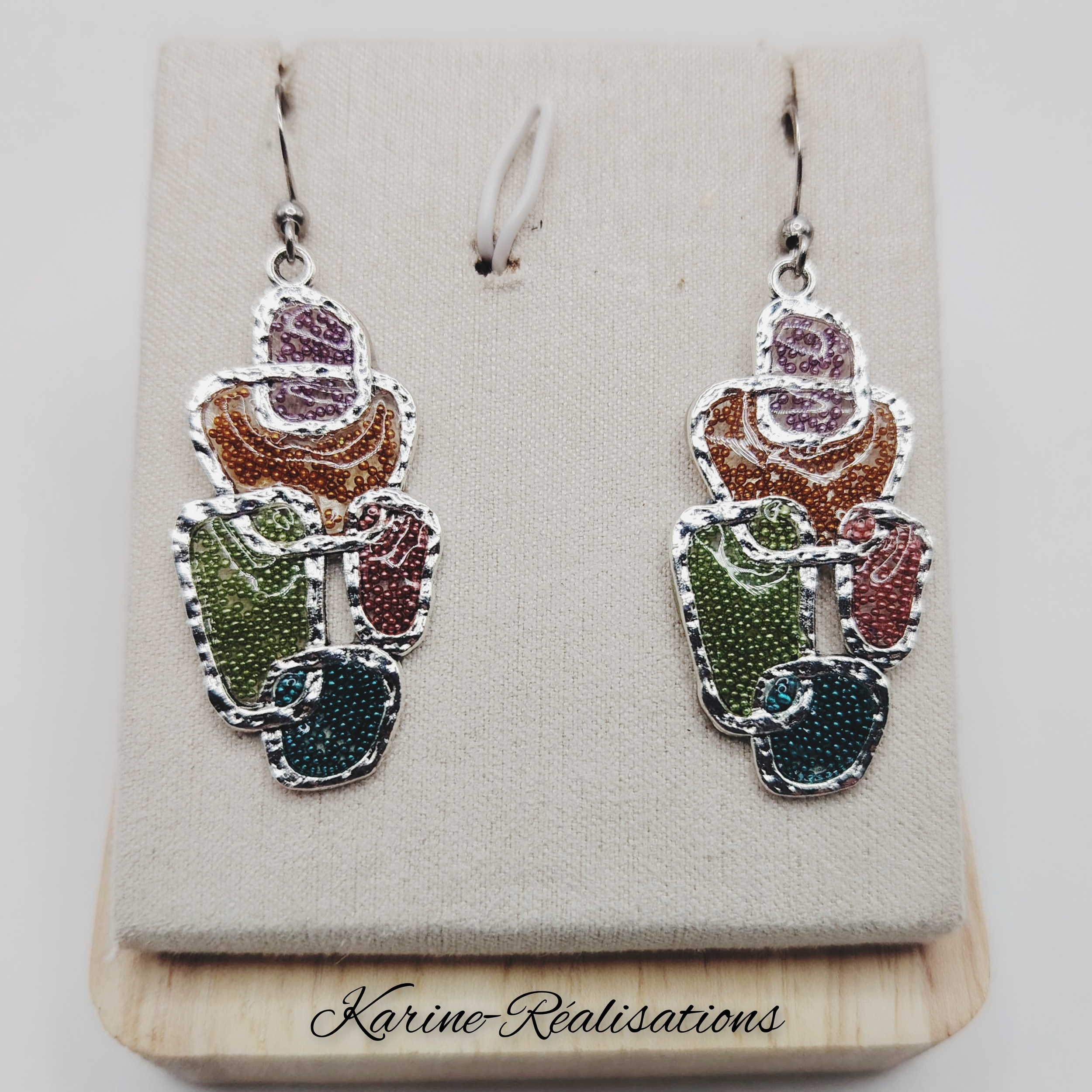 Boucles doreilles pendantes Mosaïque Abstraite - Perles Multicolores et Métal Argenté (2)