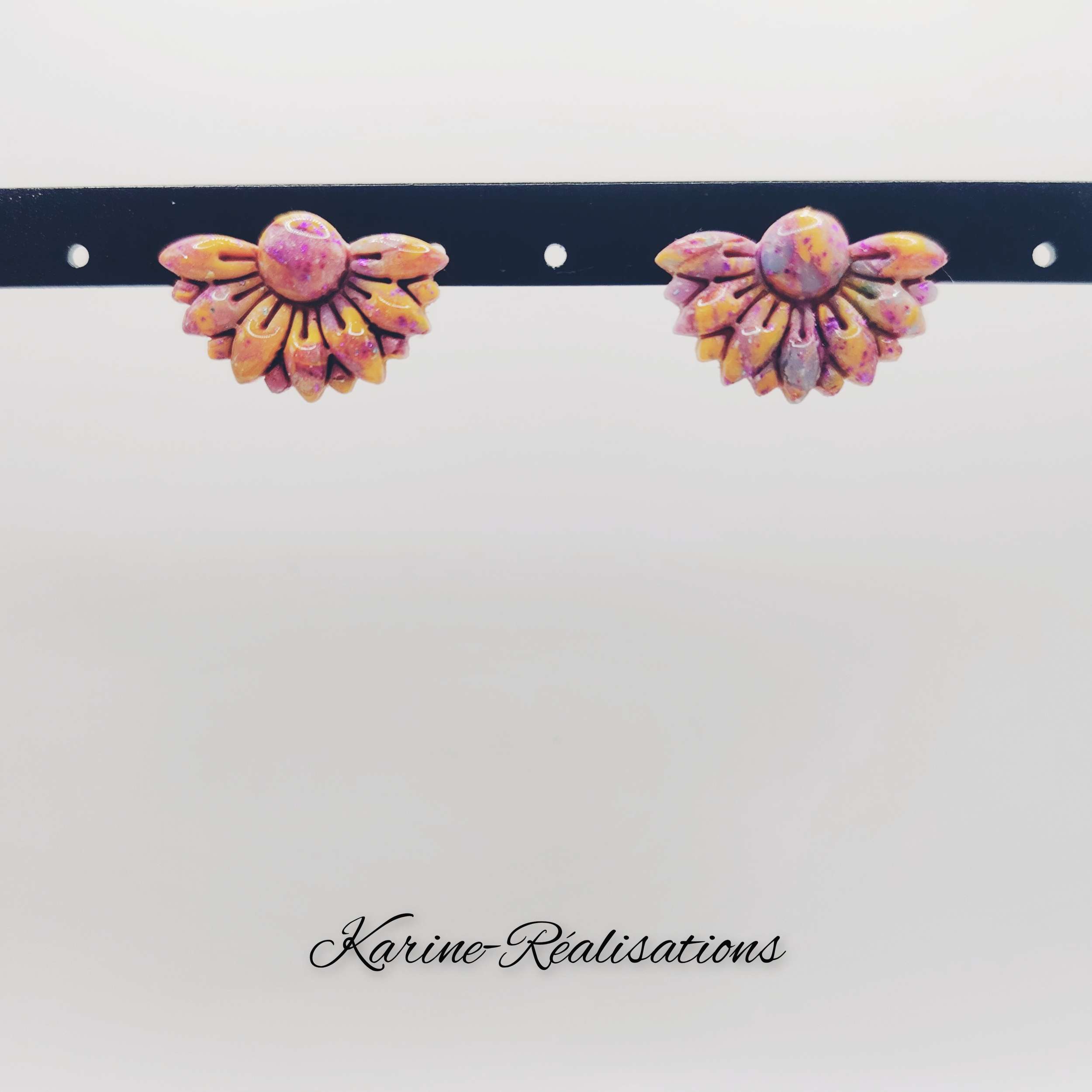 Puces dOreilles Soleil dOrient – Bijoux résine marbrés Violet &amp; Or