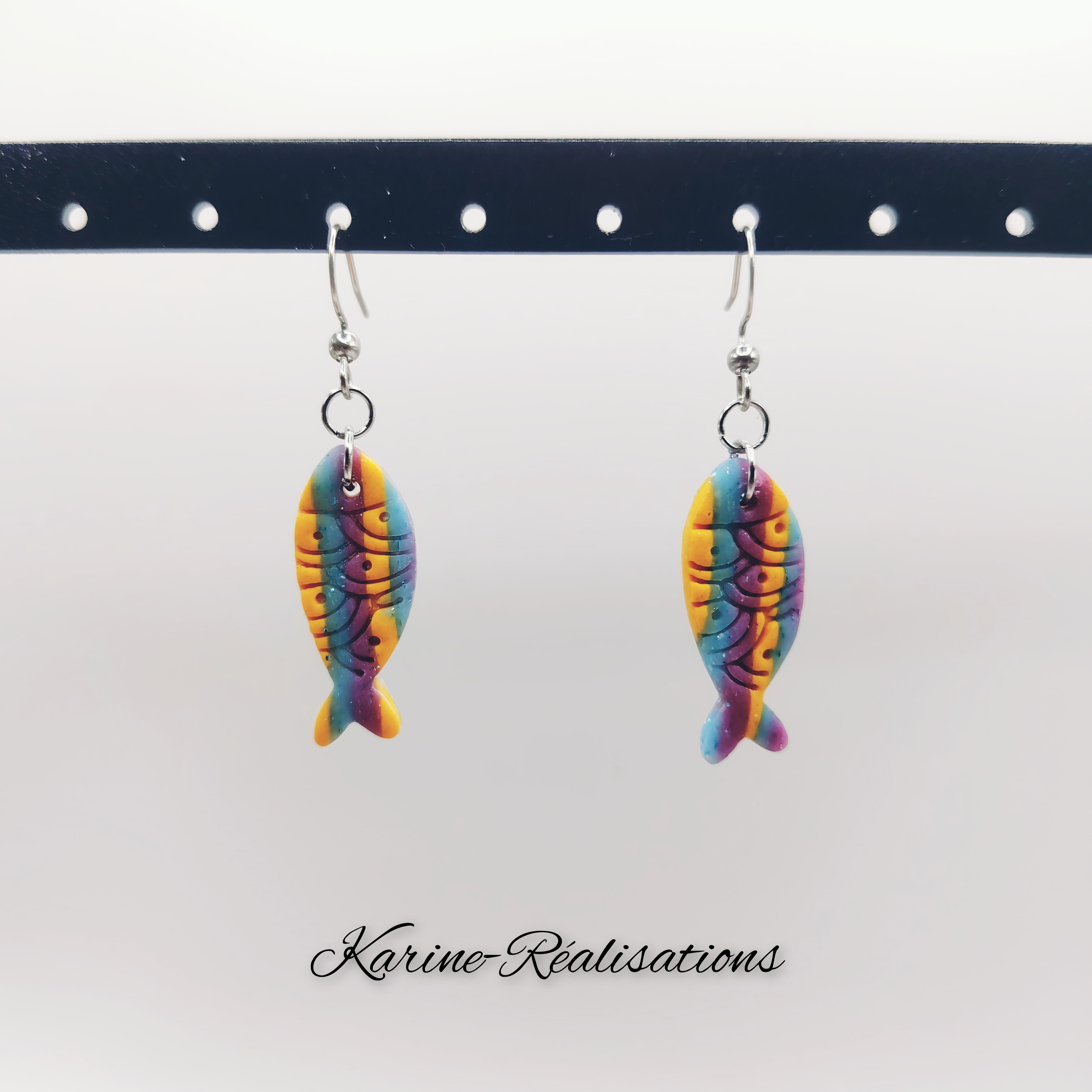 Boucles d'Oreilles Pendantes Poisson – Bijoux résine rayés Multicolores