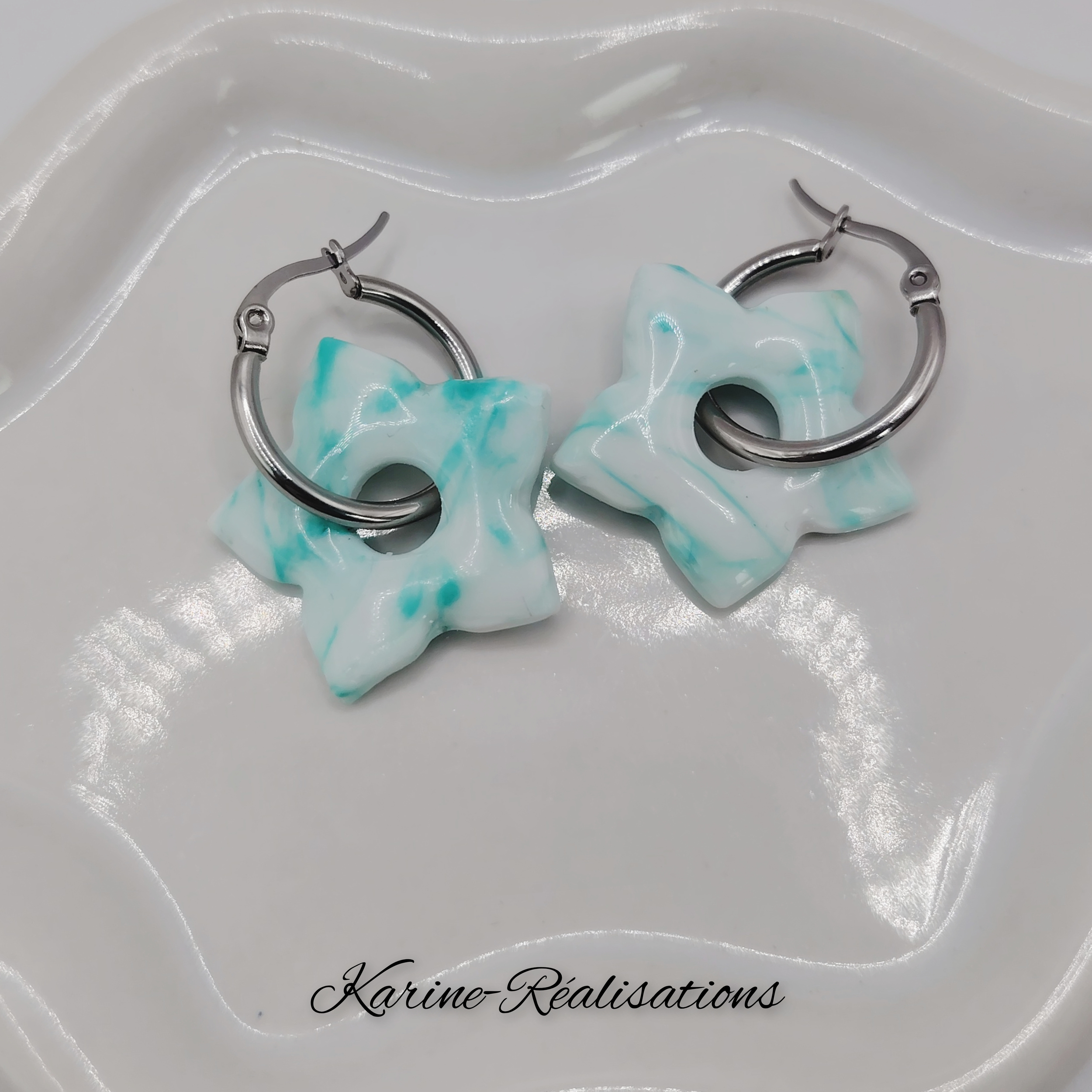 Pampilles Étoiles Marbrées - Turquoise &amp; Blanc2