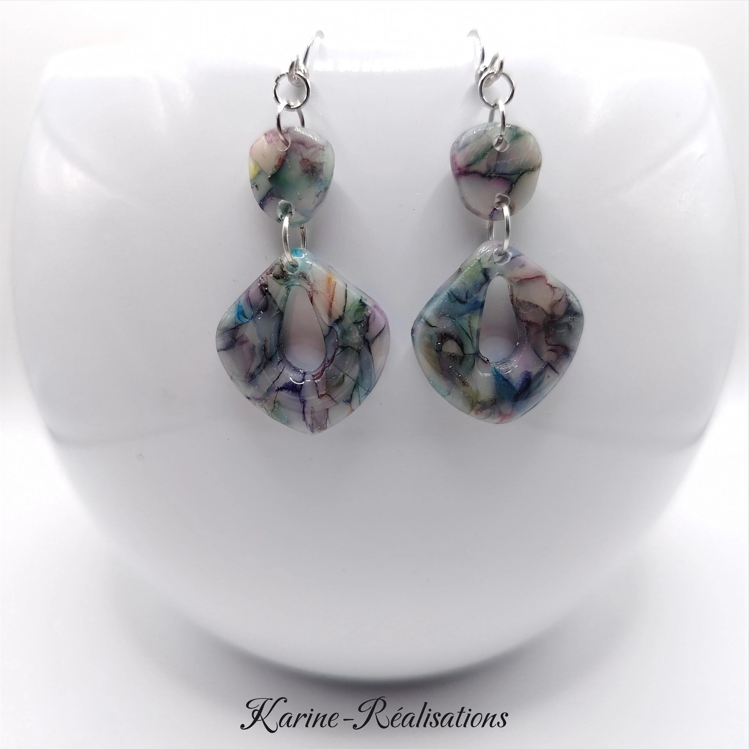 Boucles dOreilles Pendantes Évidées - Effet Mosaïque  Pierre Veinée Multicolore1
