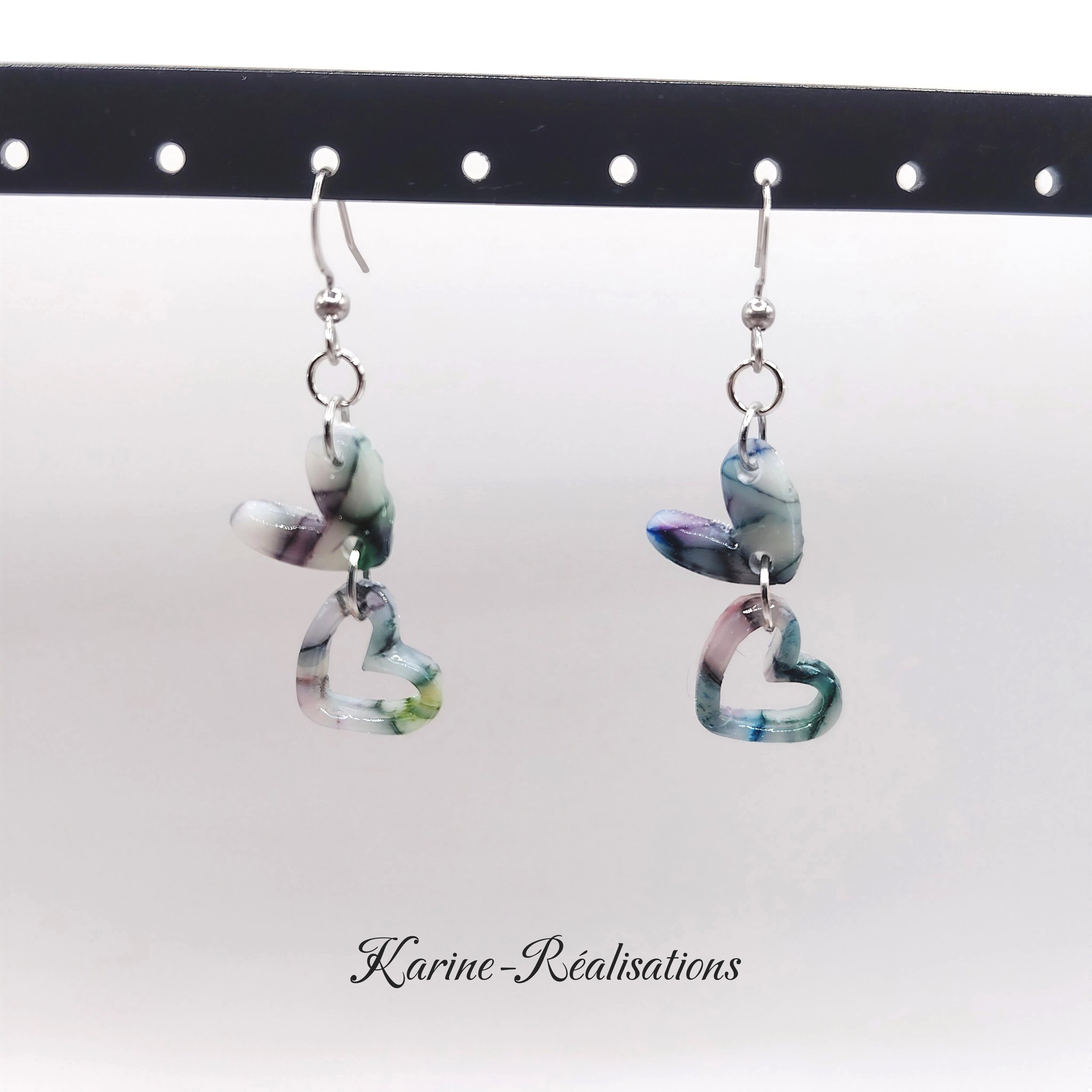 Boucles d'Oreilles Pendantes Double Cœur - Effet Mosaïque  Pierre Veinée Multicolore
