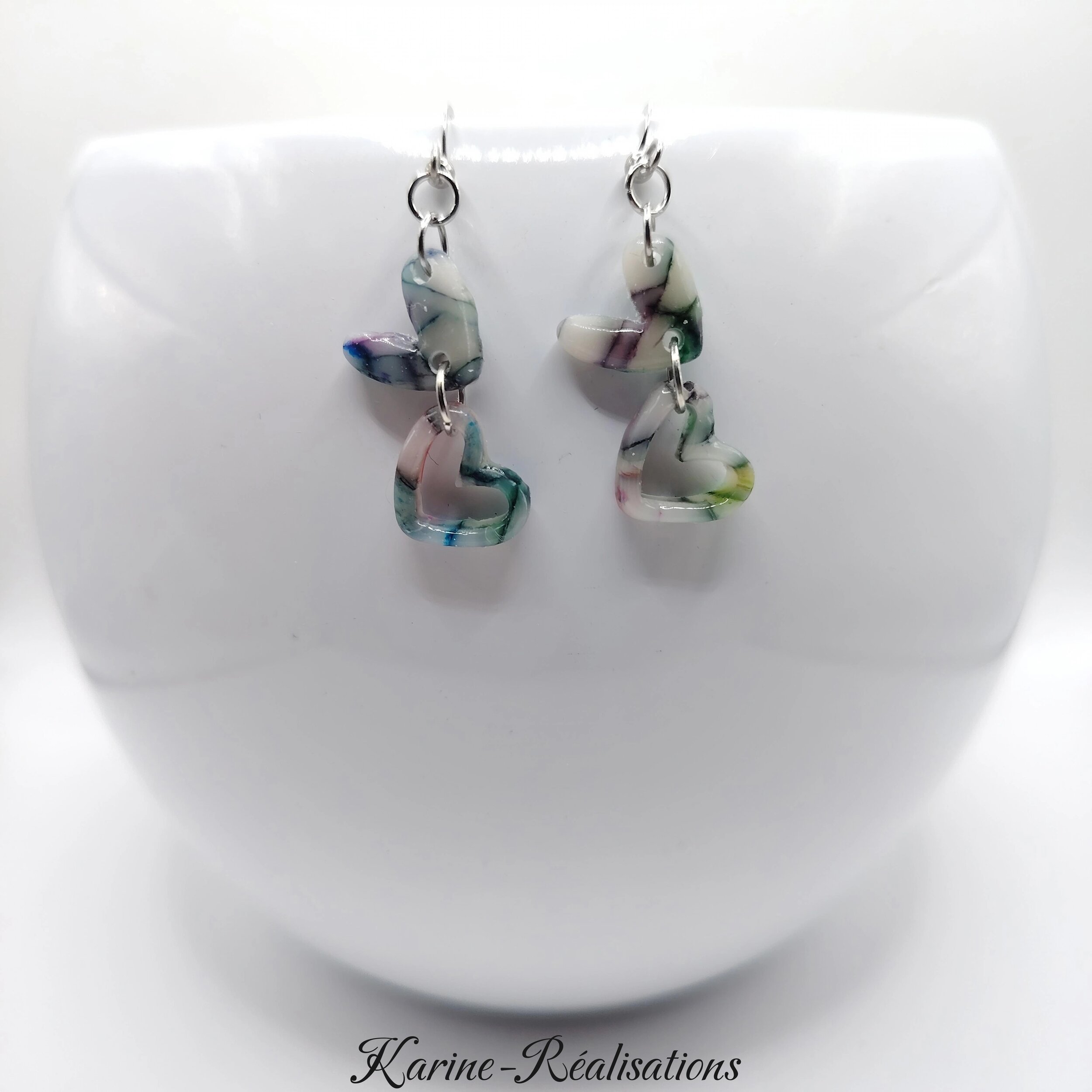 Boucles dOreilles Pendantes Double Cœur - Effet Mosaïque  Pierre Veinée Multicolore1