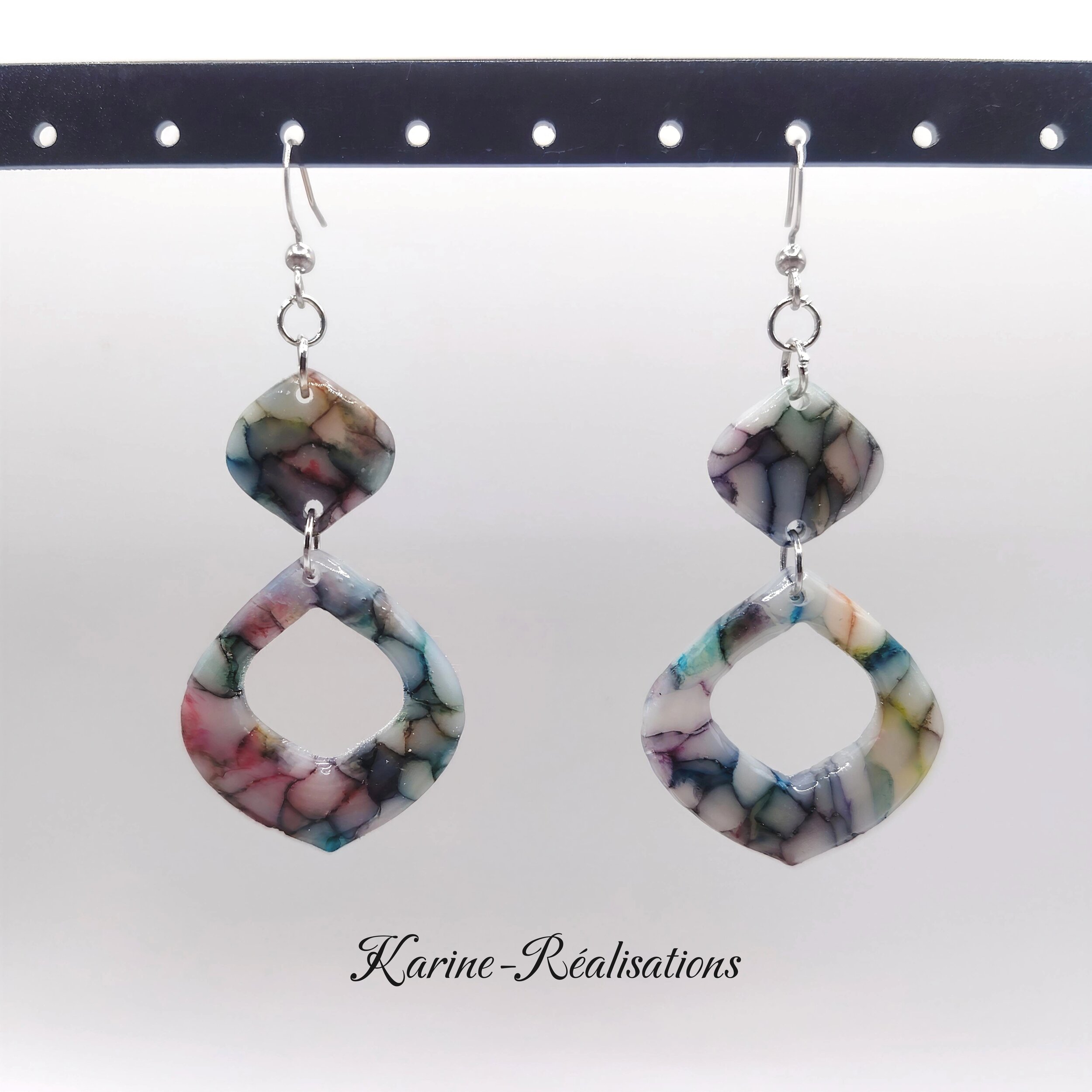 Boucles dOreilles Pendantes Losanges Évidés - Effet Mosaïque, Vitrail Multicolore
