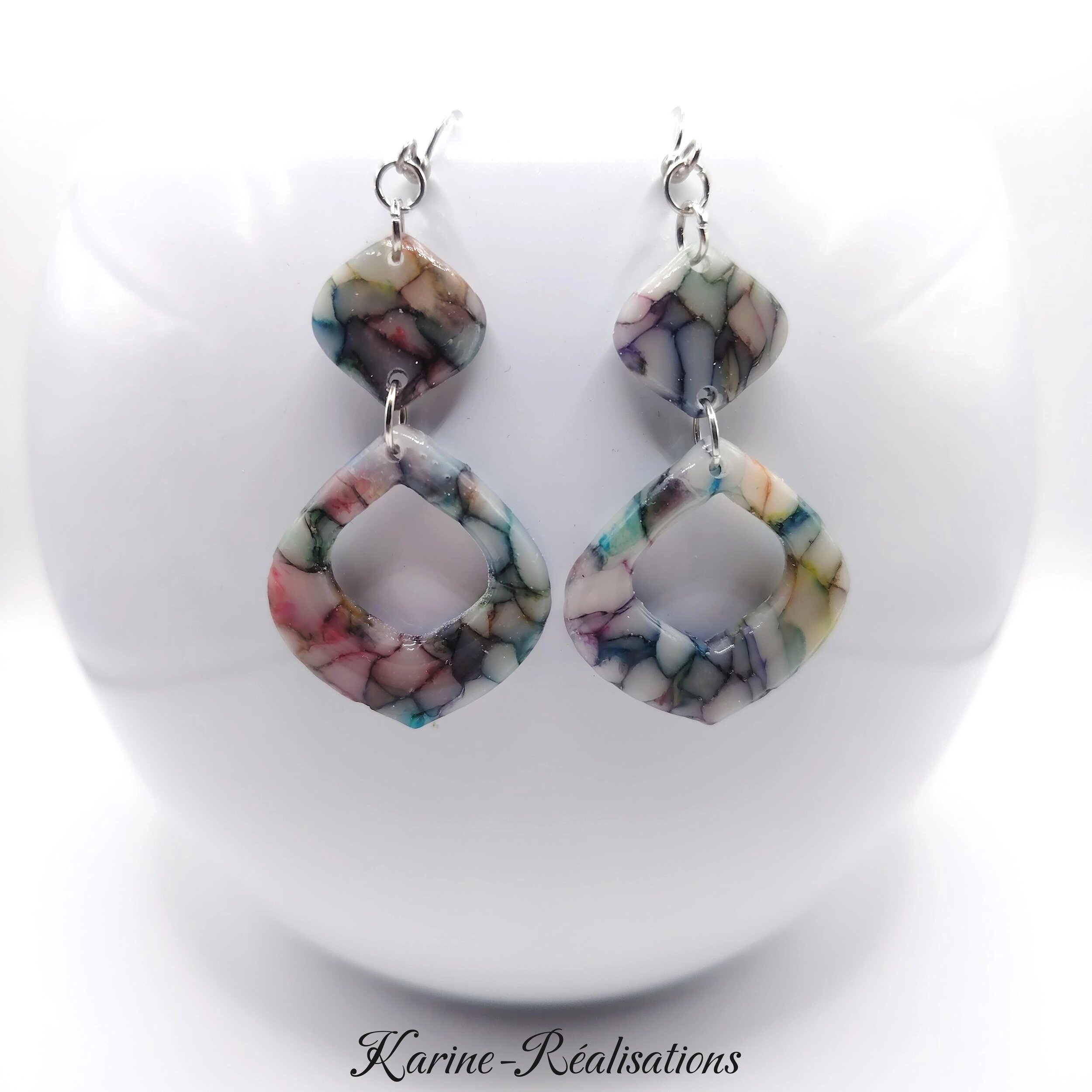 Boucles dOreilles Pendantes Losanges Évidés - Effet Mosaïque, Vitrail Multicolore1