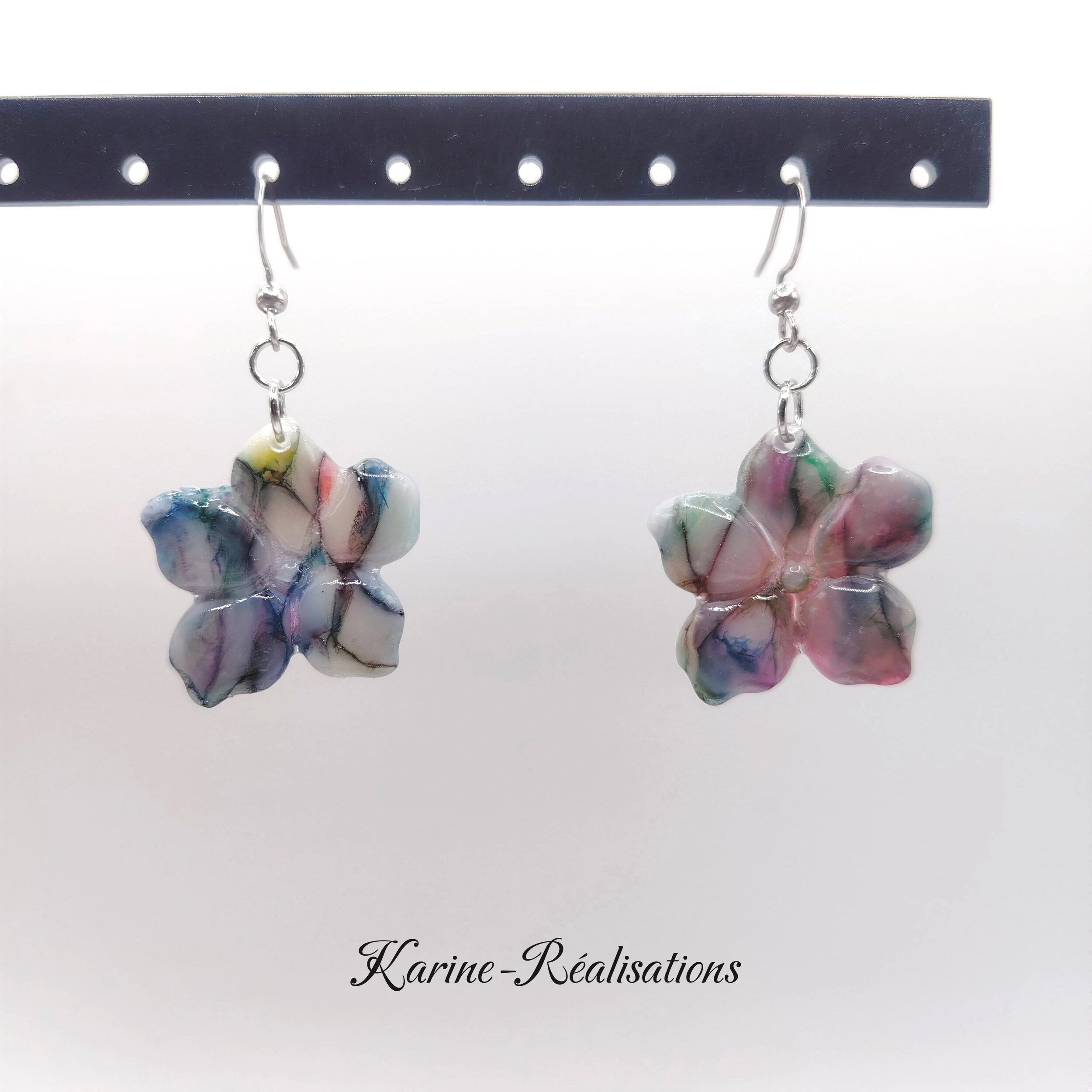 Boucles d'Oreilles Pendantes Fleurs - Effet Mosaïque - Pierre Veinée Multicolore