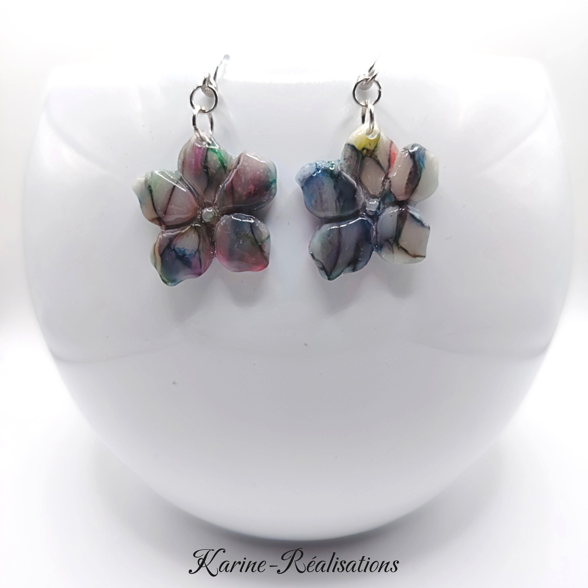 Boucles dOreilles Pendantes Fleurs - Effet Mosaïque - Pierre Veinée Multicolore1