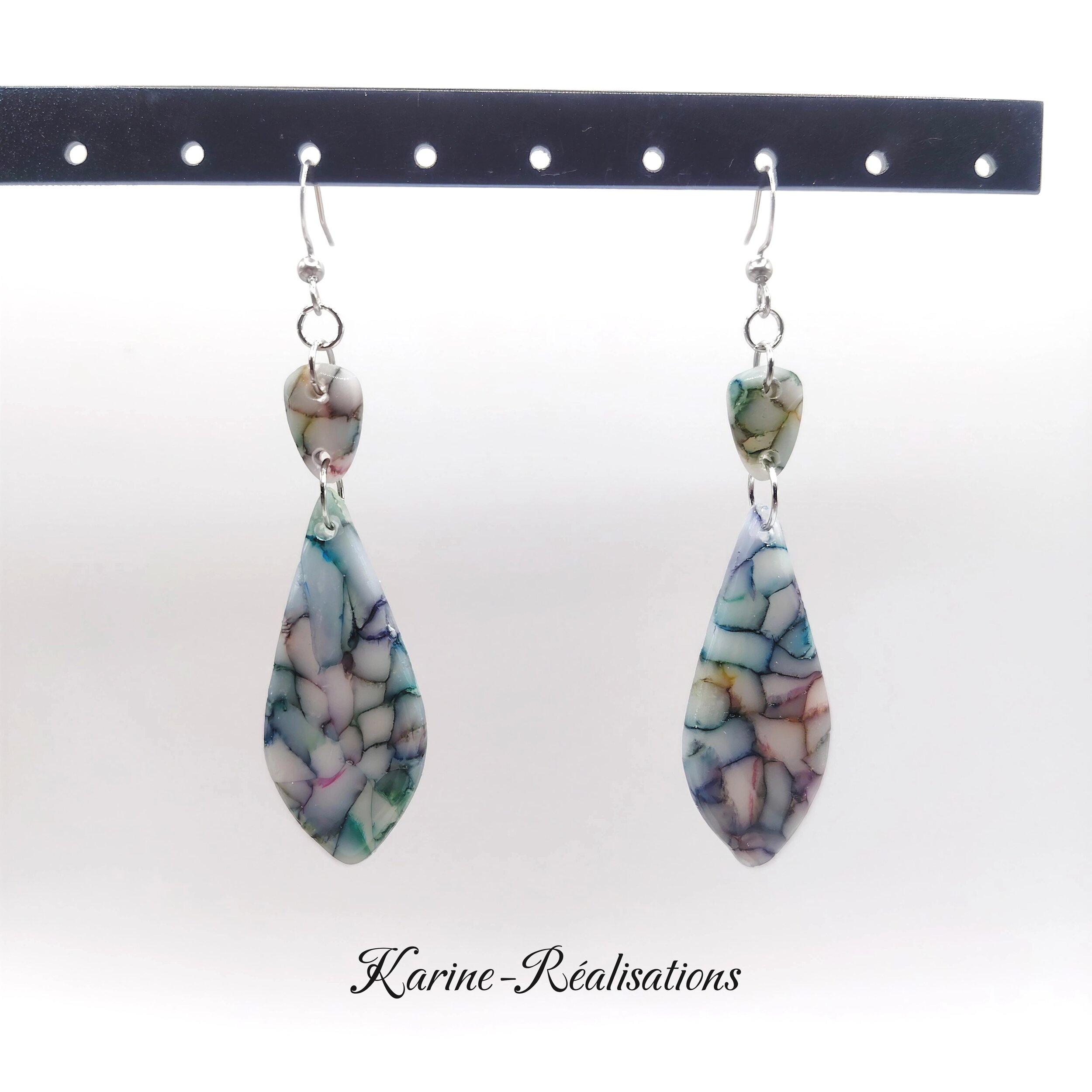 Boucles dOreilles Pendantes Longues Gouttes - Effet Mosaïque - Vitrail Multicolore