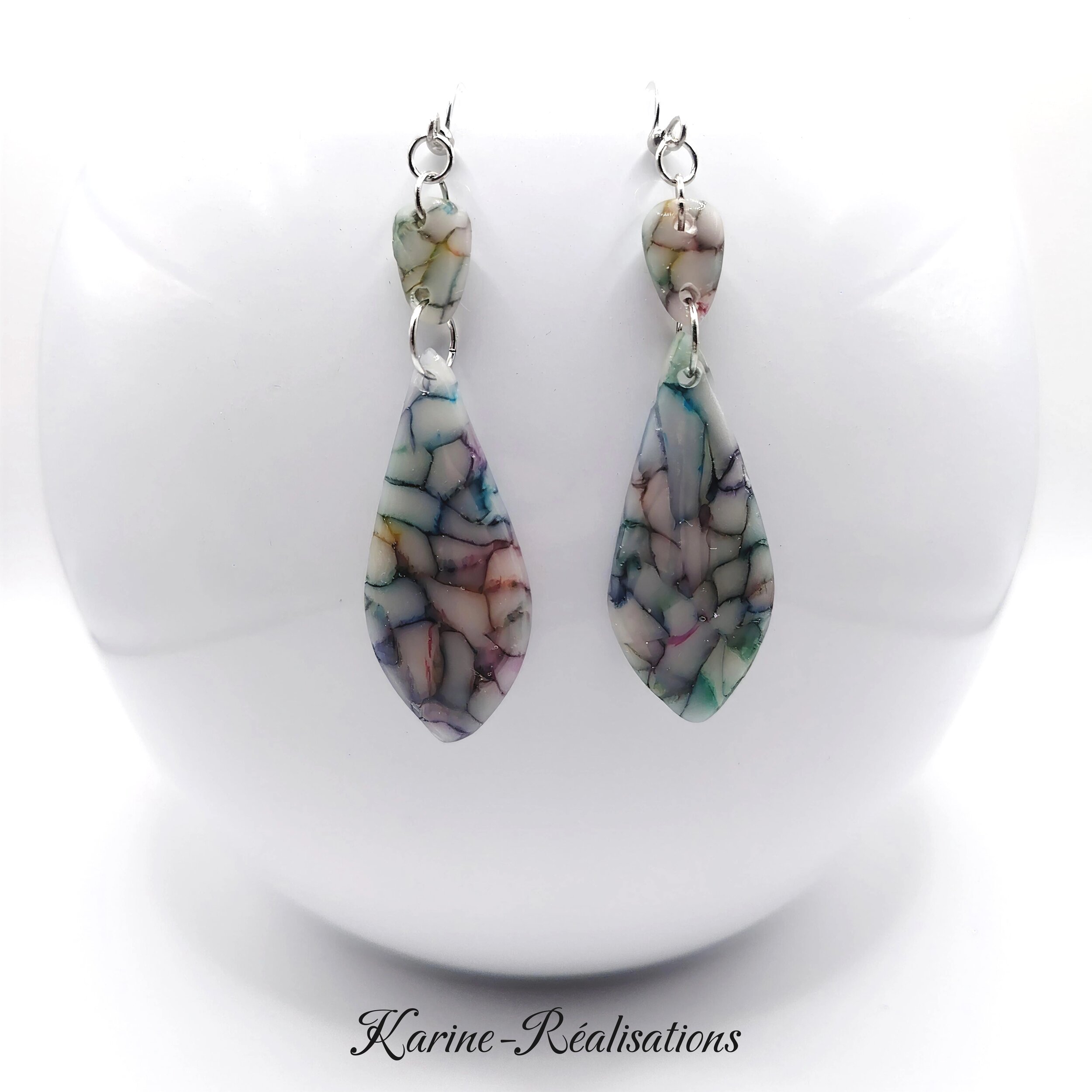 Boucles dOreilles Pendantes Longues Gouttes - Effet Mosaïque - Vitrail Multicolore1